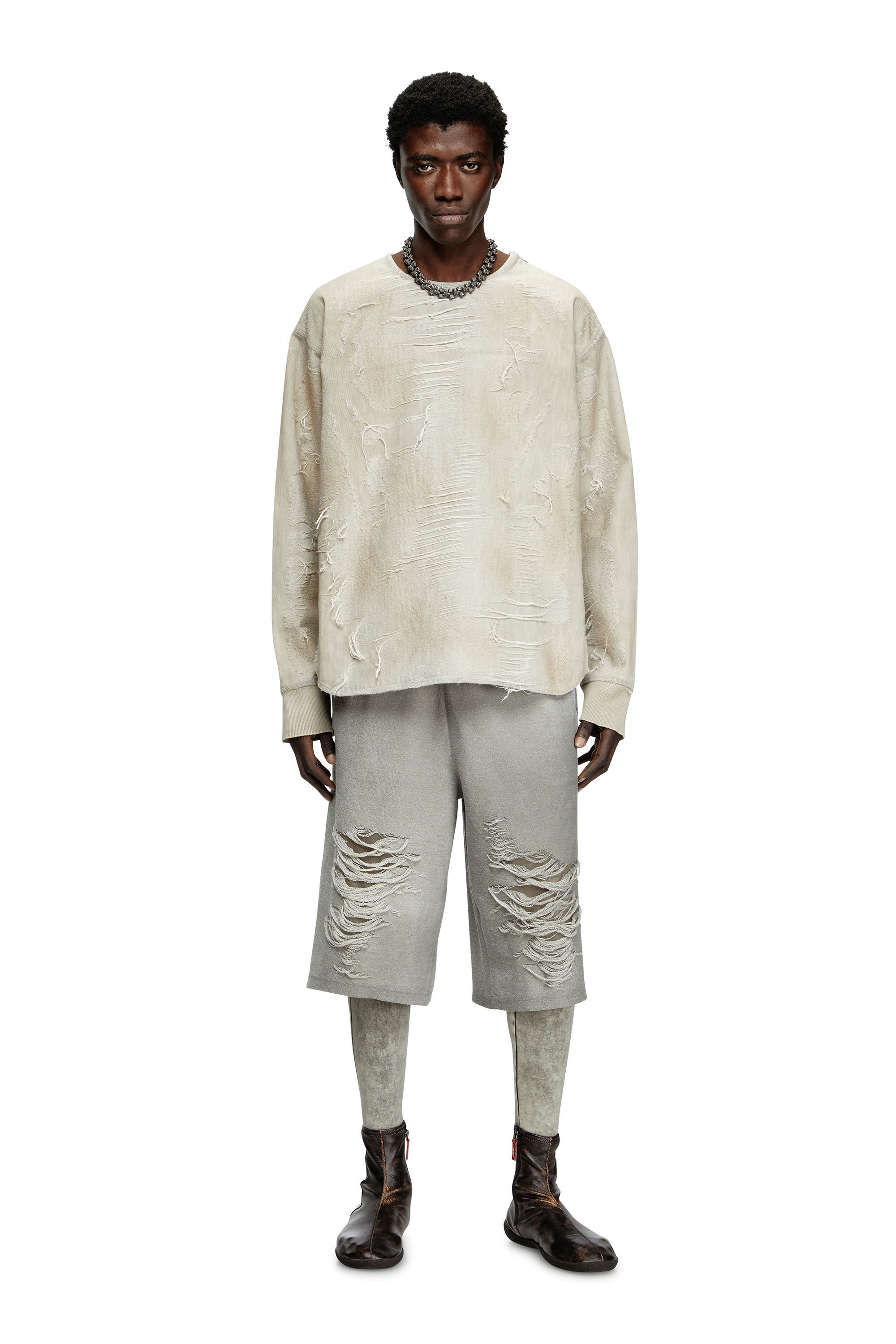 Diesel - D-JUST-FSG1, Male's Sweater in micro-distressed jacquard denim in ライトグレー - 1