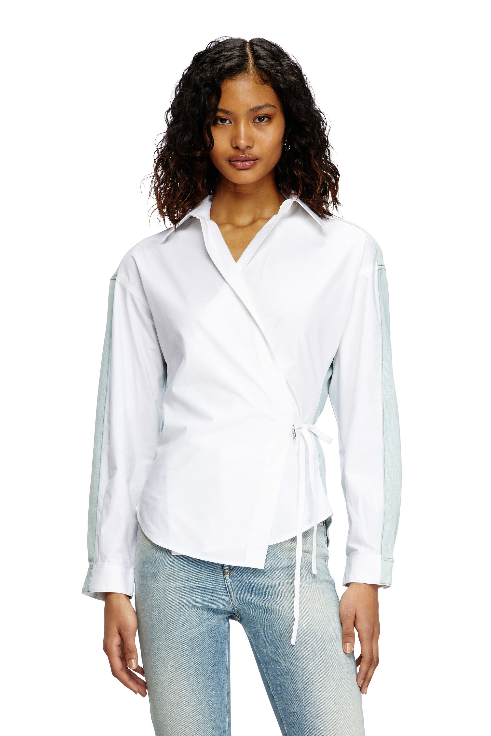 Diesel - C-DELPHI-DEN, Female's Wrap shirt in poplin and denim in ブルー/ホワイト - 3