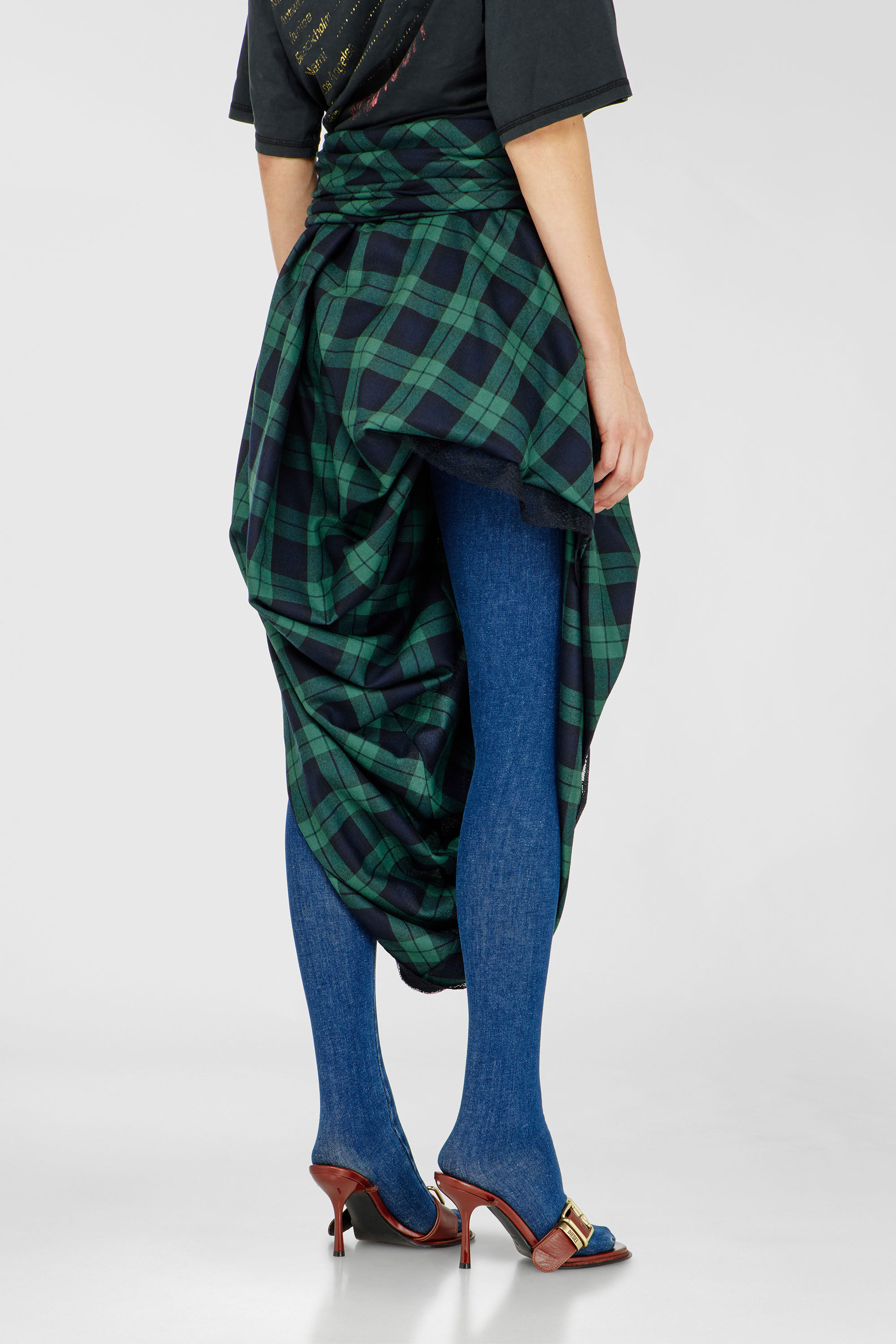 Diesel - O-WINNY, Female's Draped tartan midi skirt with lace trim in グリーン/ブルー - 4
