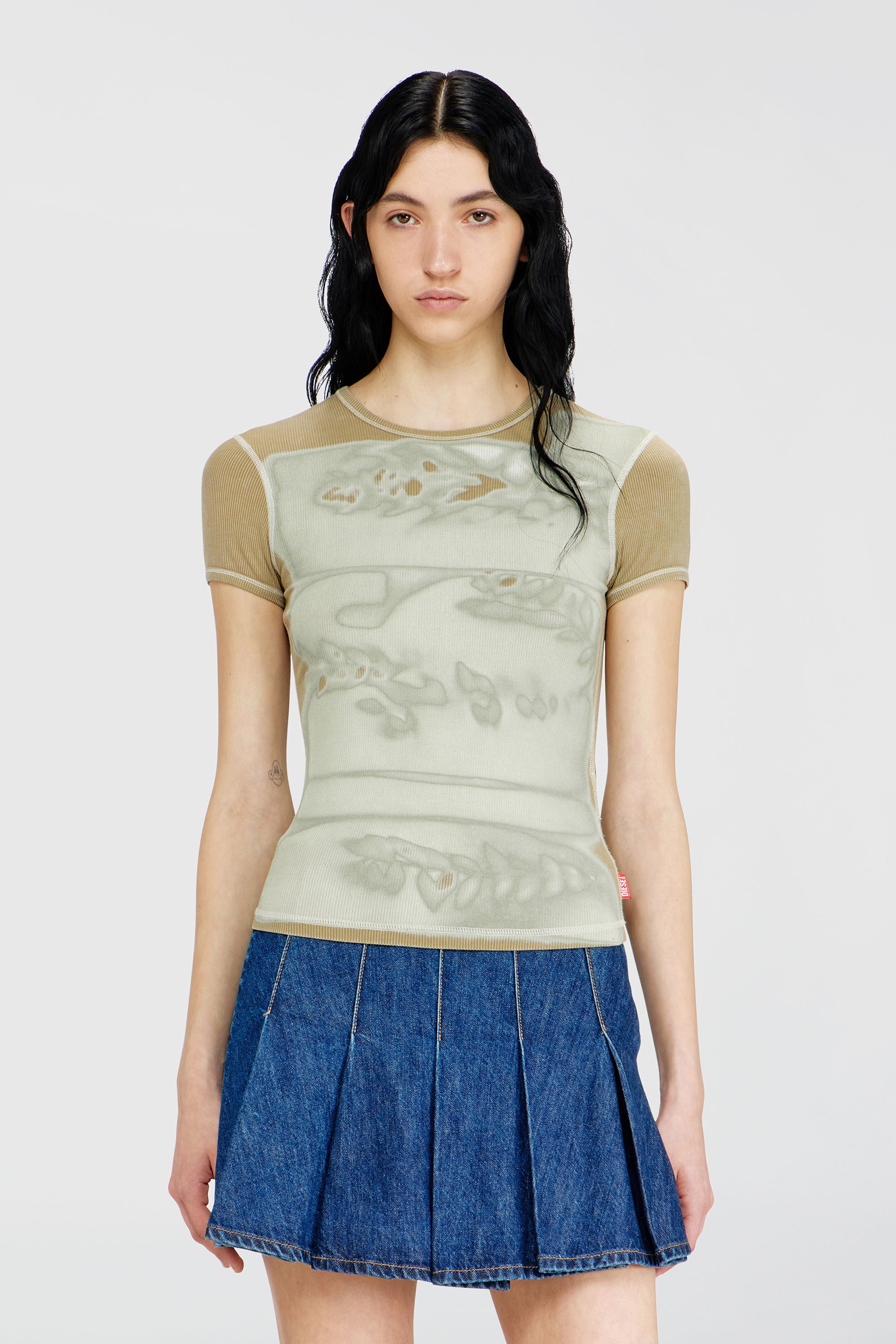 Diesel - T-ELE-LONG-AA1, Female's 半袖トップ in ベージュ/グリーン - 3