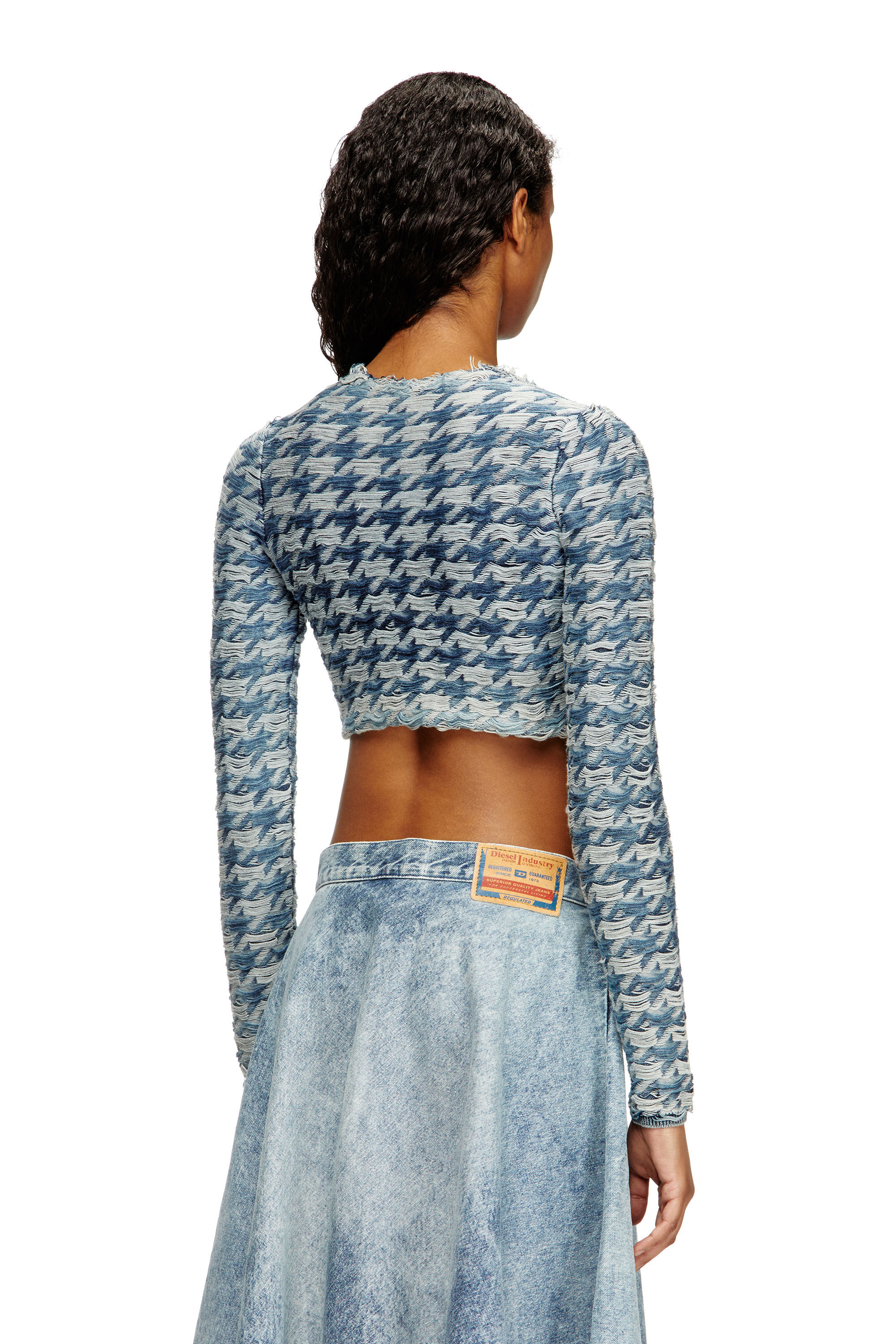 M-HELLA Crop cardigan in denim-look houndstooth jacquard｜ブルー