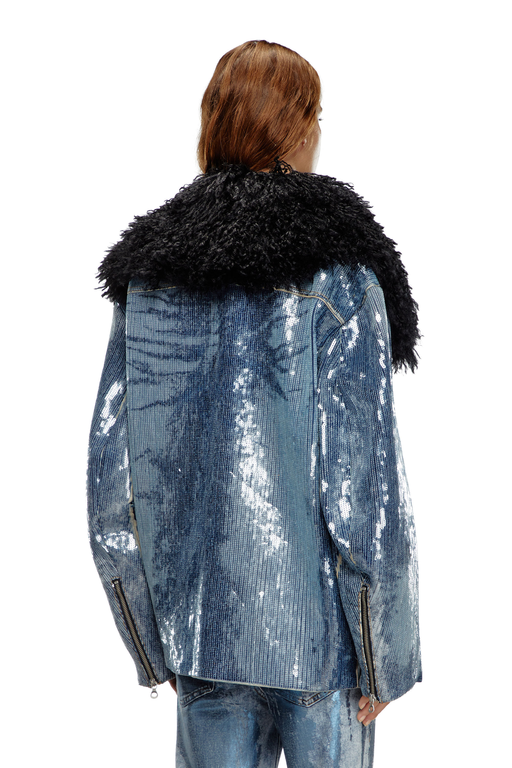 Diesel - DE-BIKA-S, Female's Sequin denim jacket with shaggy collar in ブルー - 5