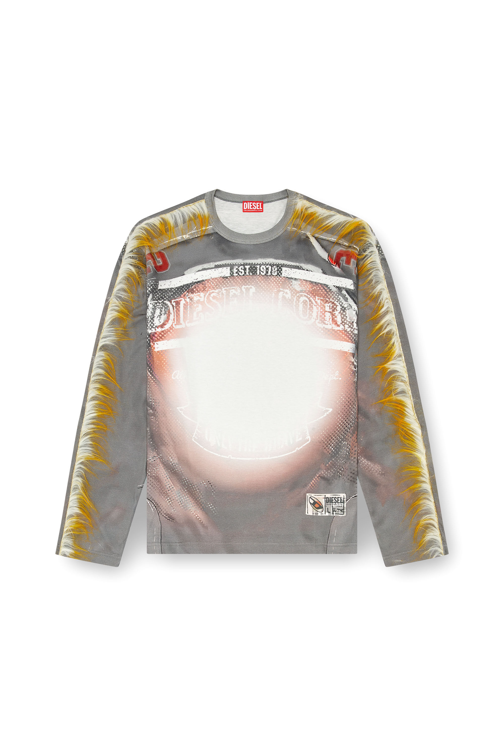 T-CRANE-LS-FUR Long-sleeve T-shirt with fuzzy trims｜グレー