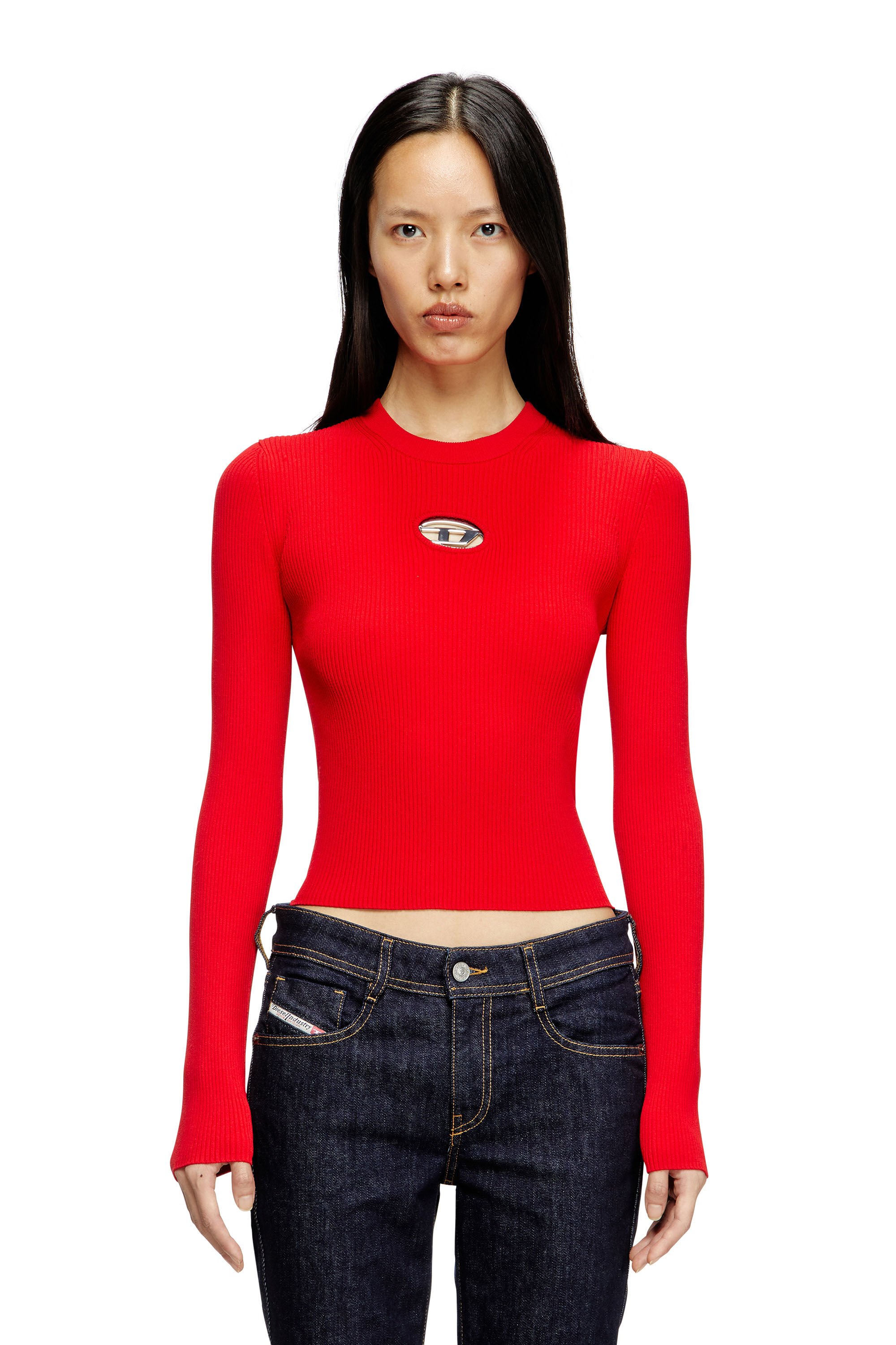 Diesel - M-VALARI, Female's Rib-knit viscose-blend top with Oval D in レッド - 3