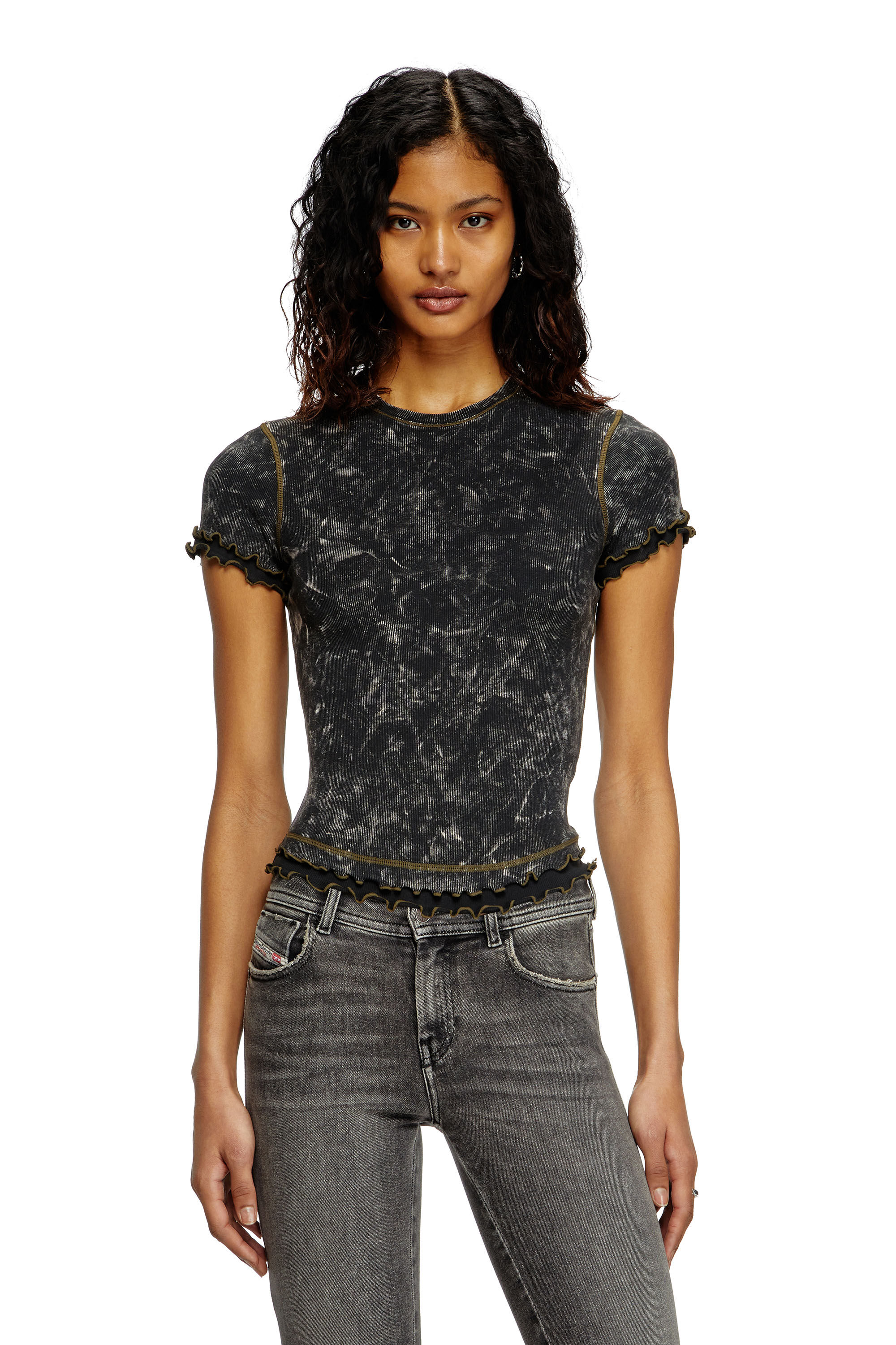 Diesel - T-FLU, Female's Marbled T-shirt with ruffled trims in ブラック - 3