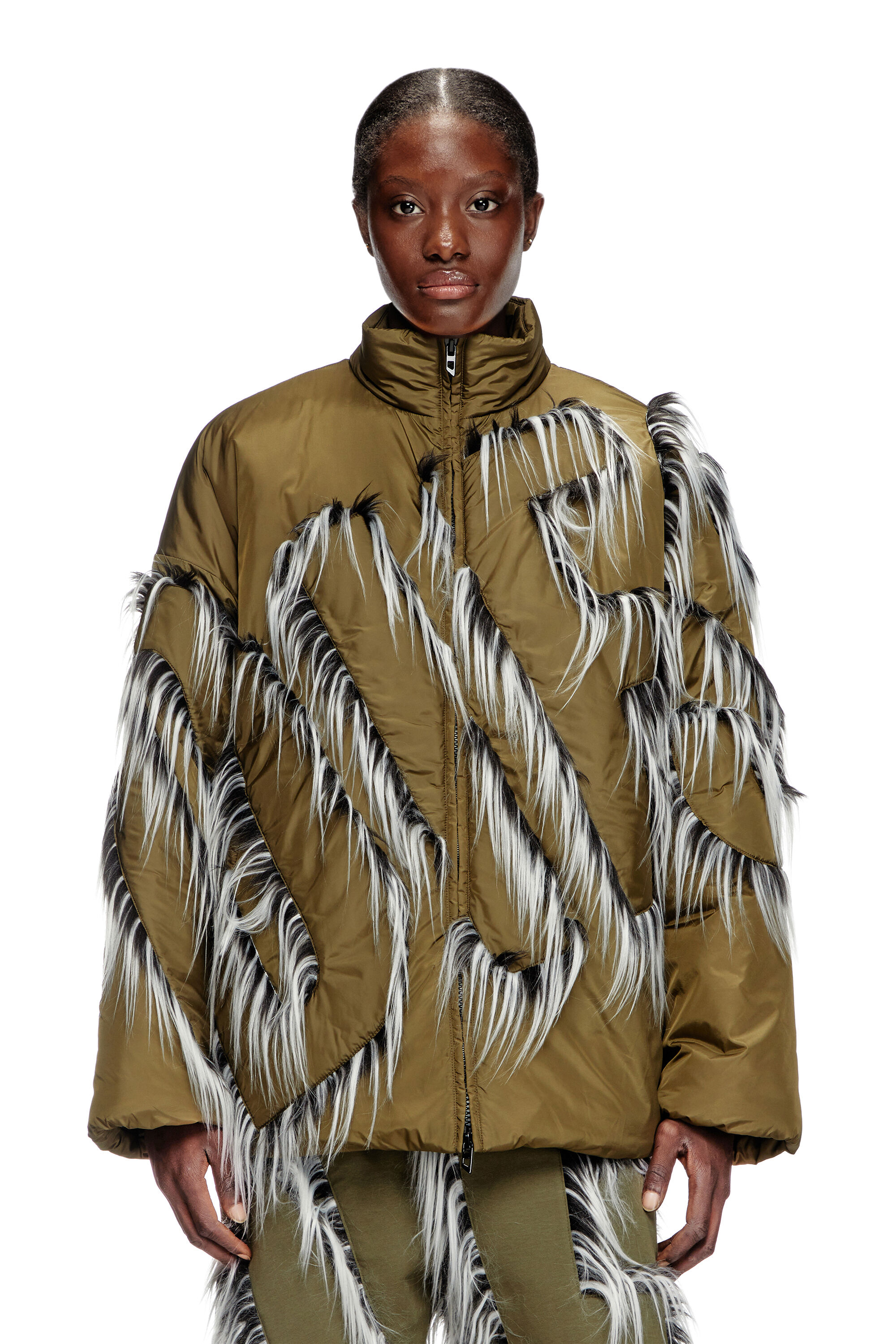 G-ADAT Padded nylon jacket with fuzzy-trim logo｜グリーン｜ウィメンズ｜DIESEL