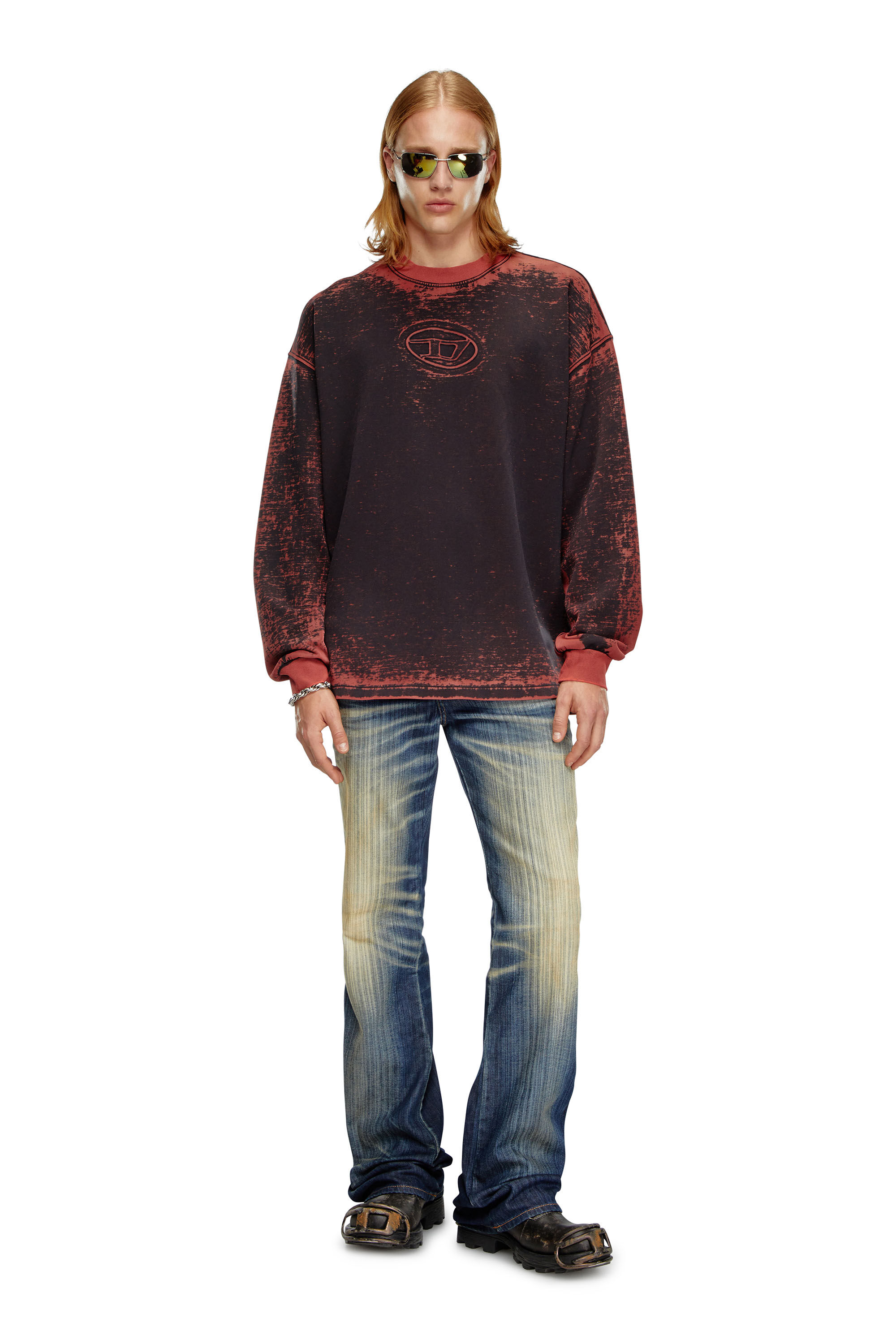 S-BAXT-Q1 Burnout sweatshirt with embossed Oval D｜レッド｜メンズ｜DIESEL