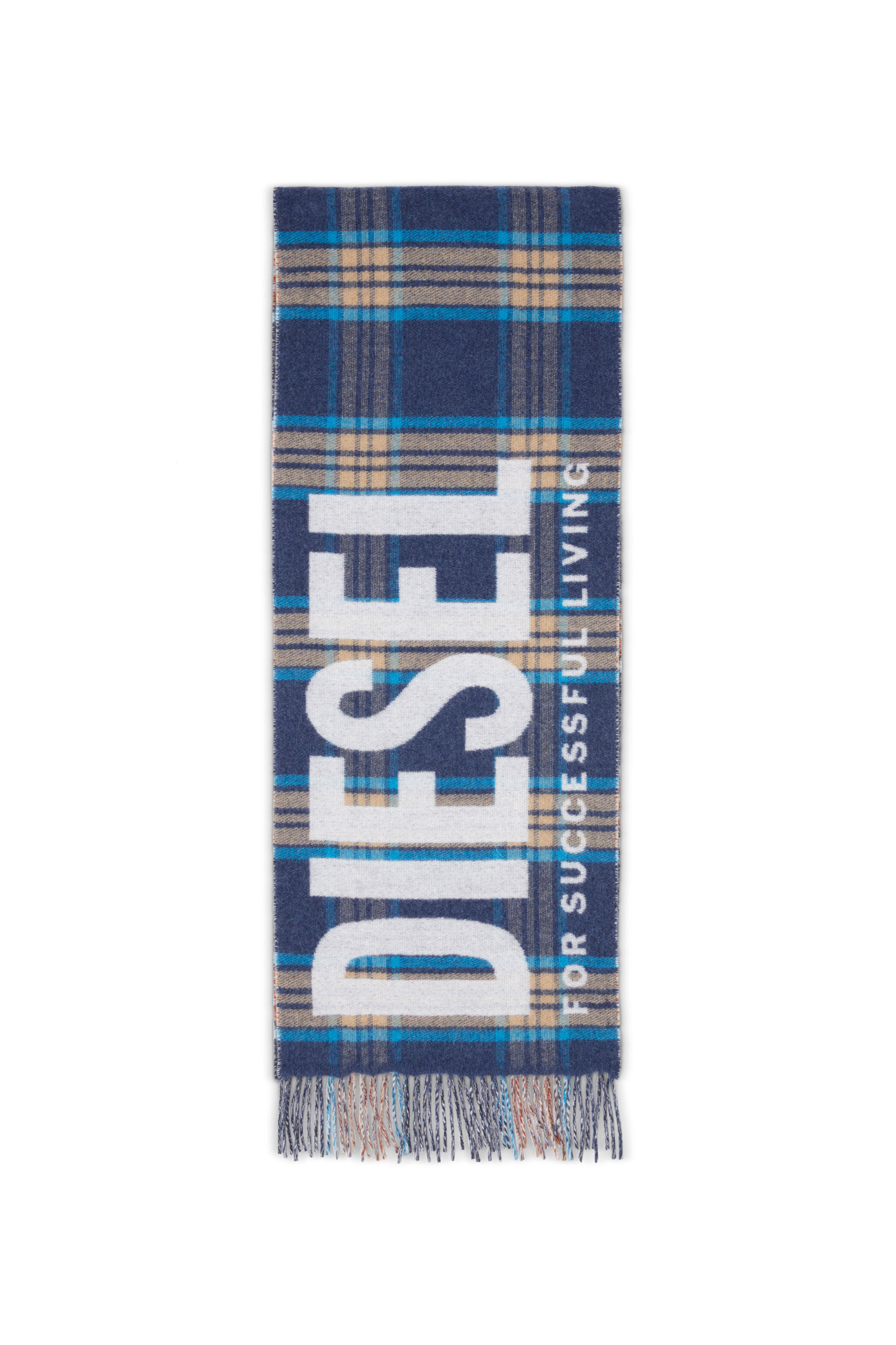 Diesel - S-QUAK, Male's Fringed scarf in check-jacquard wool blend in ブルー - 1