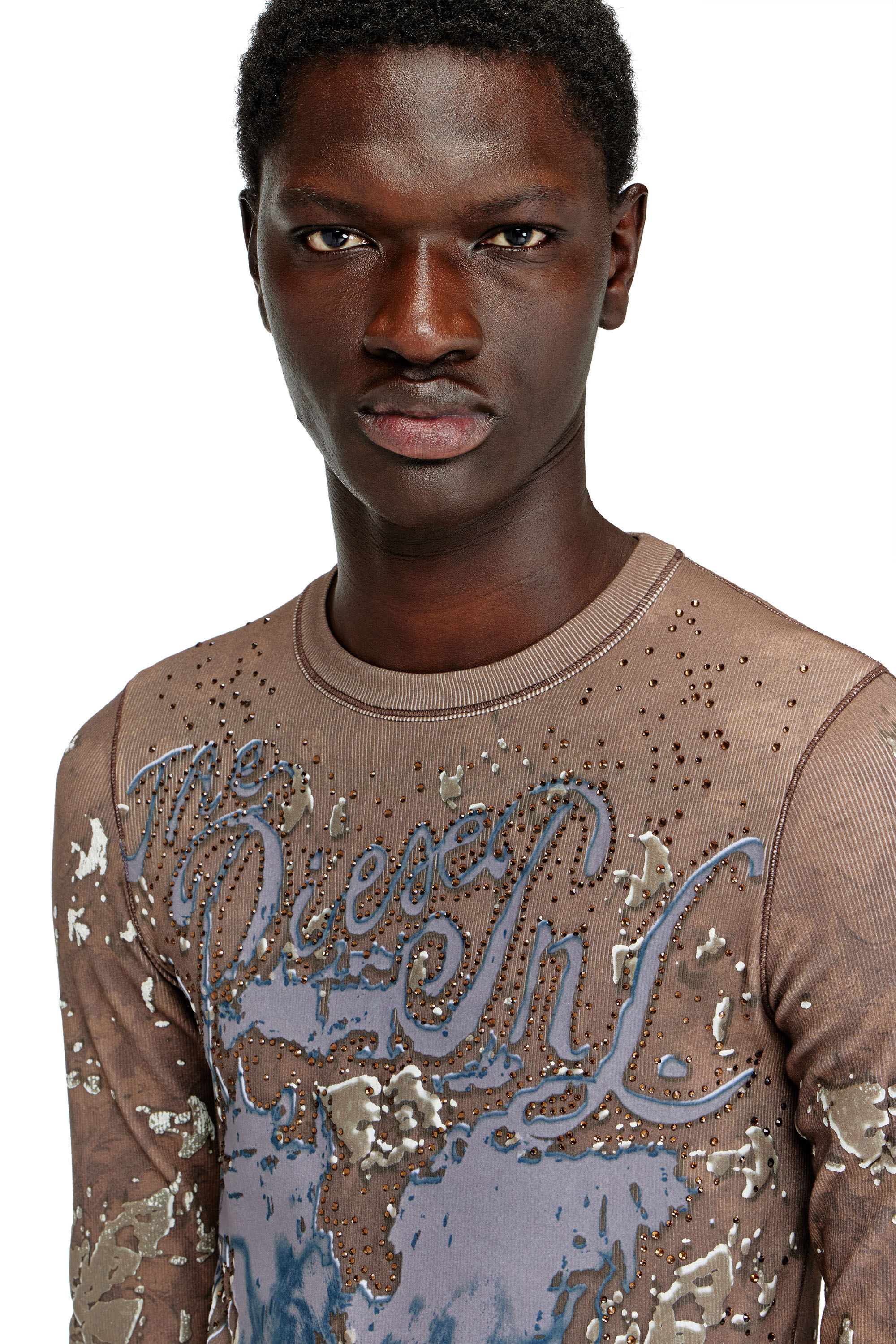 Diesel - T-TADEO, Male's Printed rib-jersey top with crystals in ブラウン - 4