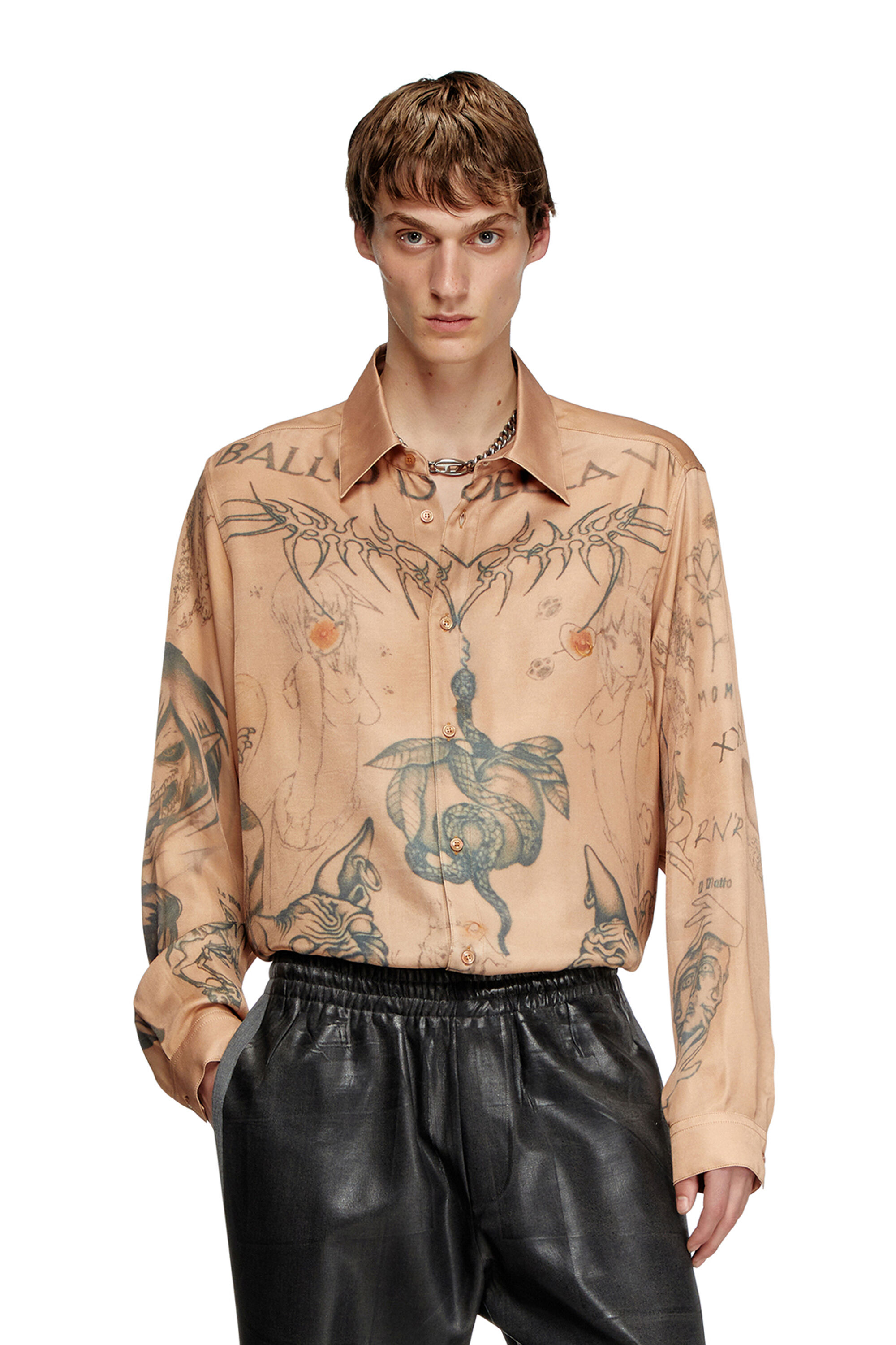 S-SIMPLY-TTO-DD Fluid satin shirt with tattoo print｜ベージュ｜ウィメンズ｜DIESEL