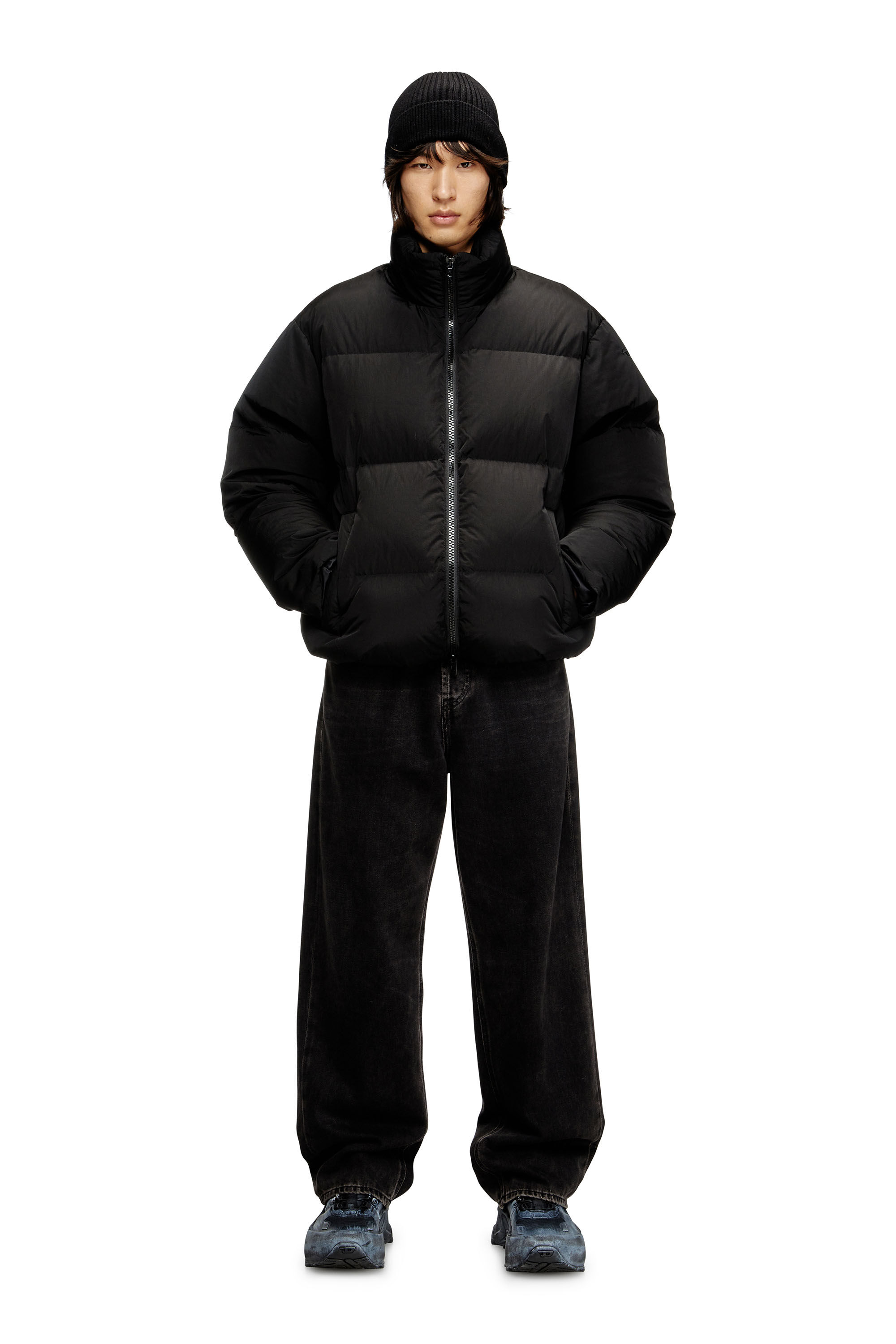 Diesel - W-RAVEEL, Male's Hooded down jacket in wrinkled nylon in ブラック - 1