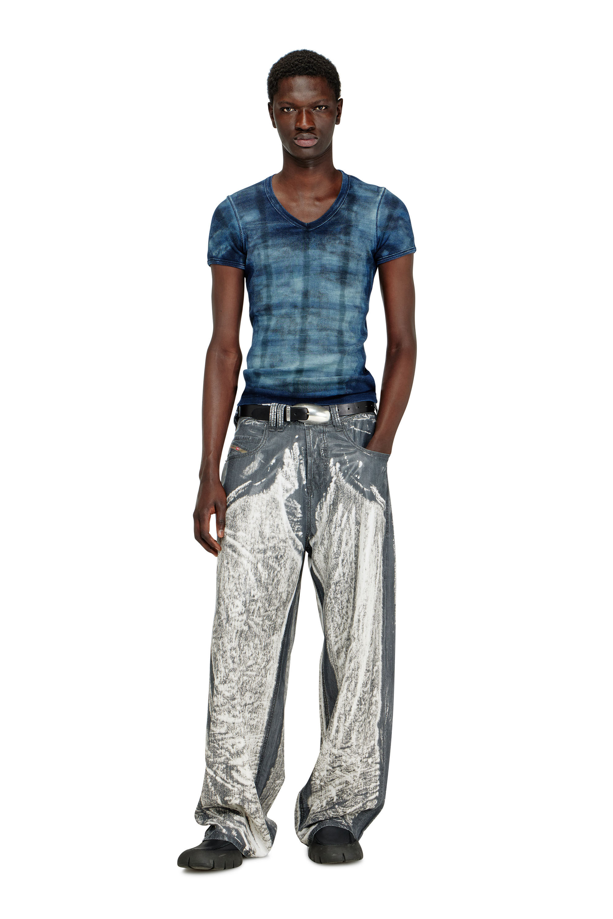 Diesel - T-LUUCAS, Male's X-ray top in check-print rib-jersey in ブルー - 1