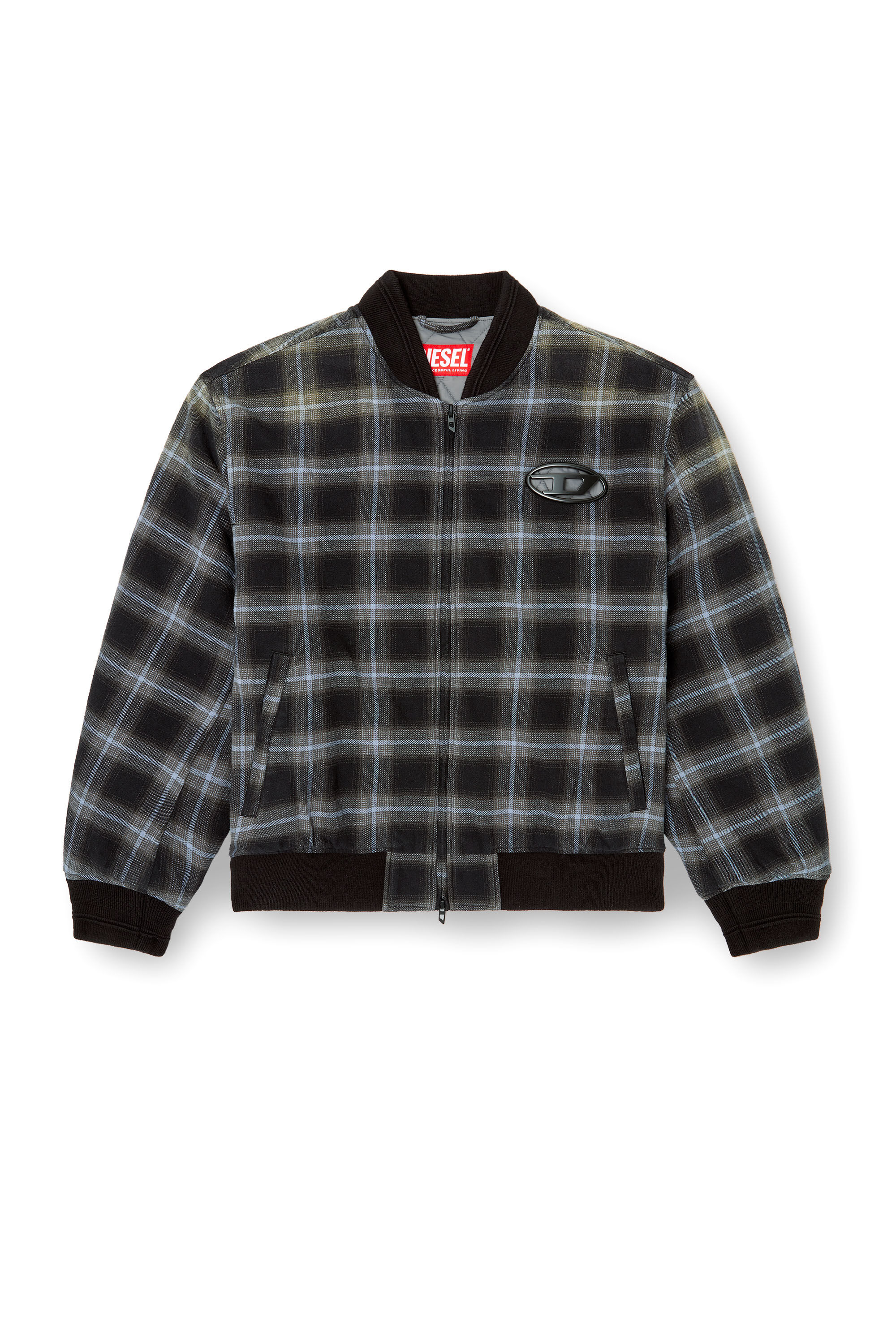 Diesel - J-SAINT, Male's Padded bomber jacket in check flannel in ブラック/ブルー - 2