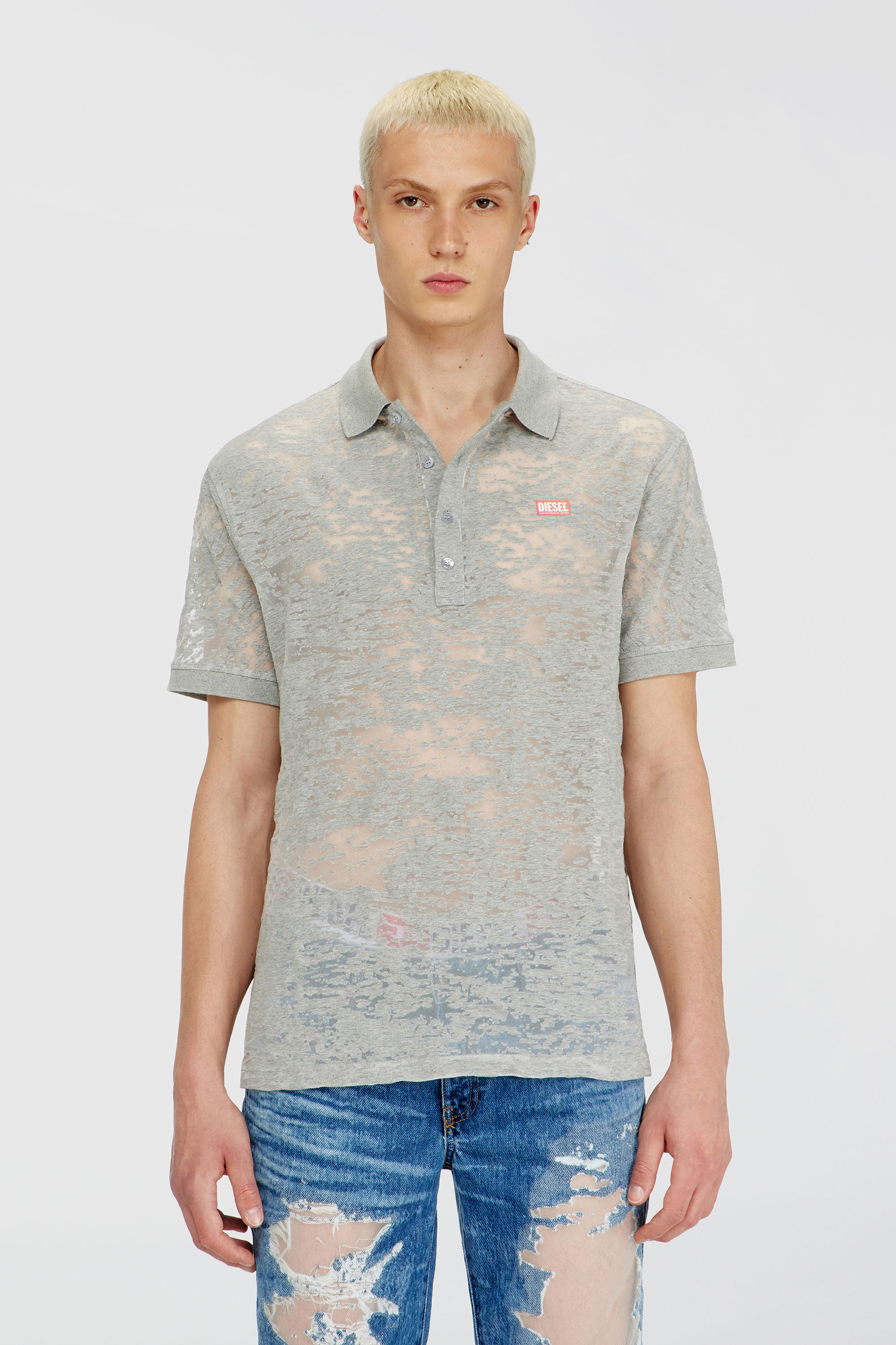 Diesel - PR-T-REJUST, Male's Polo shirt in all-over devor&eacute; jersey in ライトグレー - 3