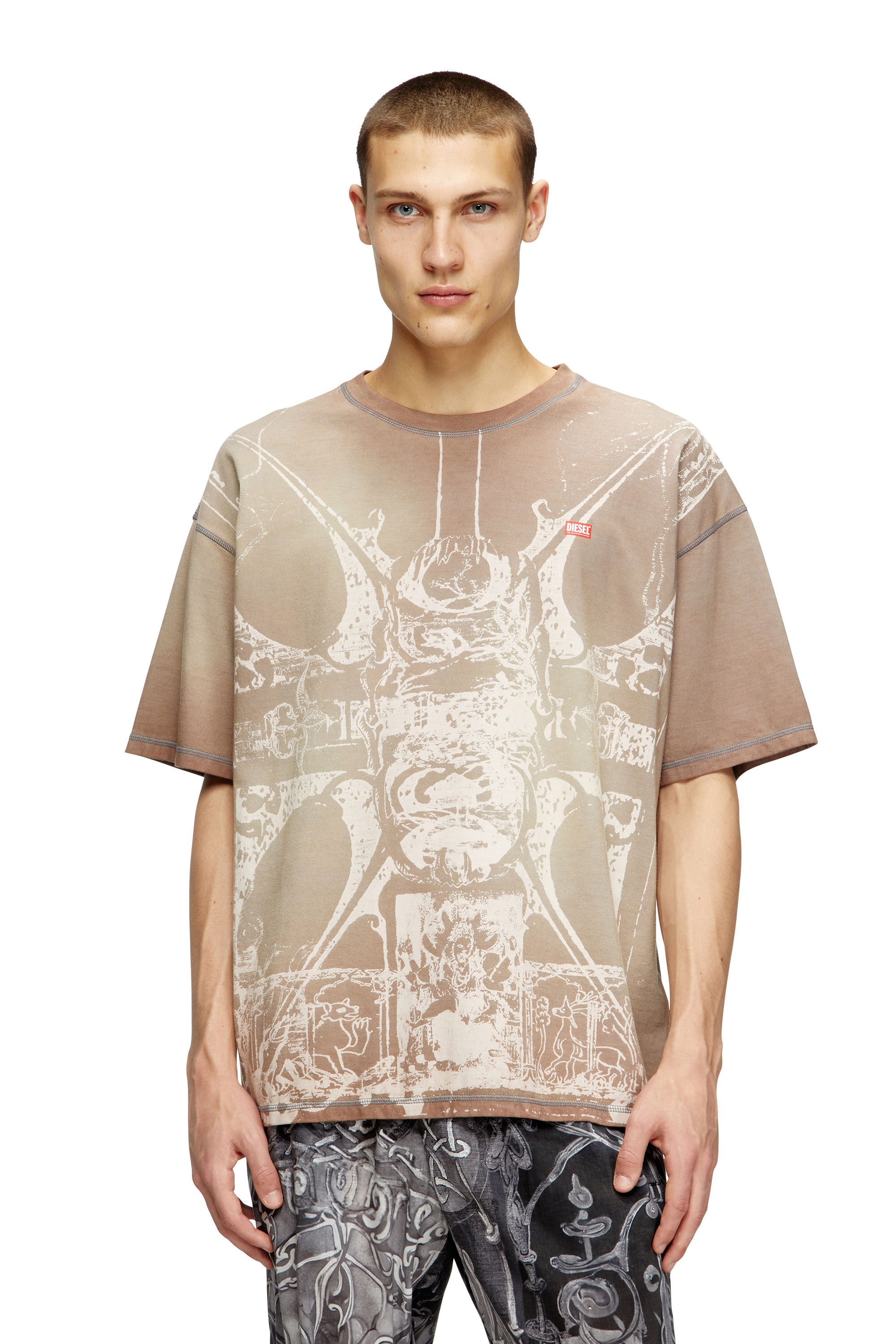 Diesel - T-BOXT-T13, Male's T-shirt with tonal medieval print in ライトブラウン - 3