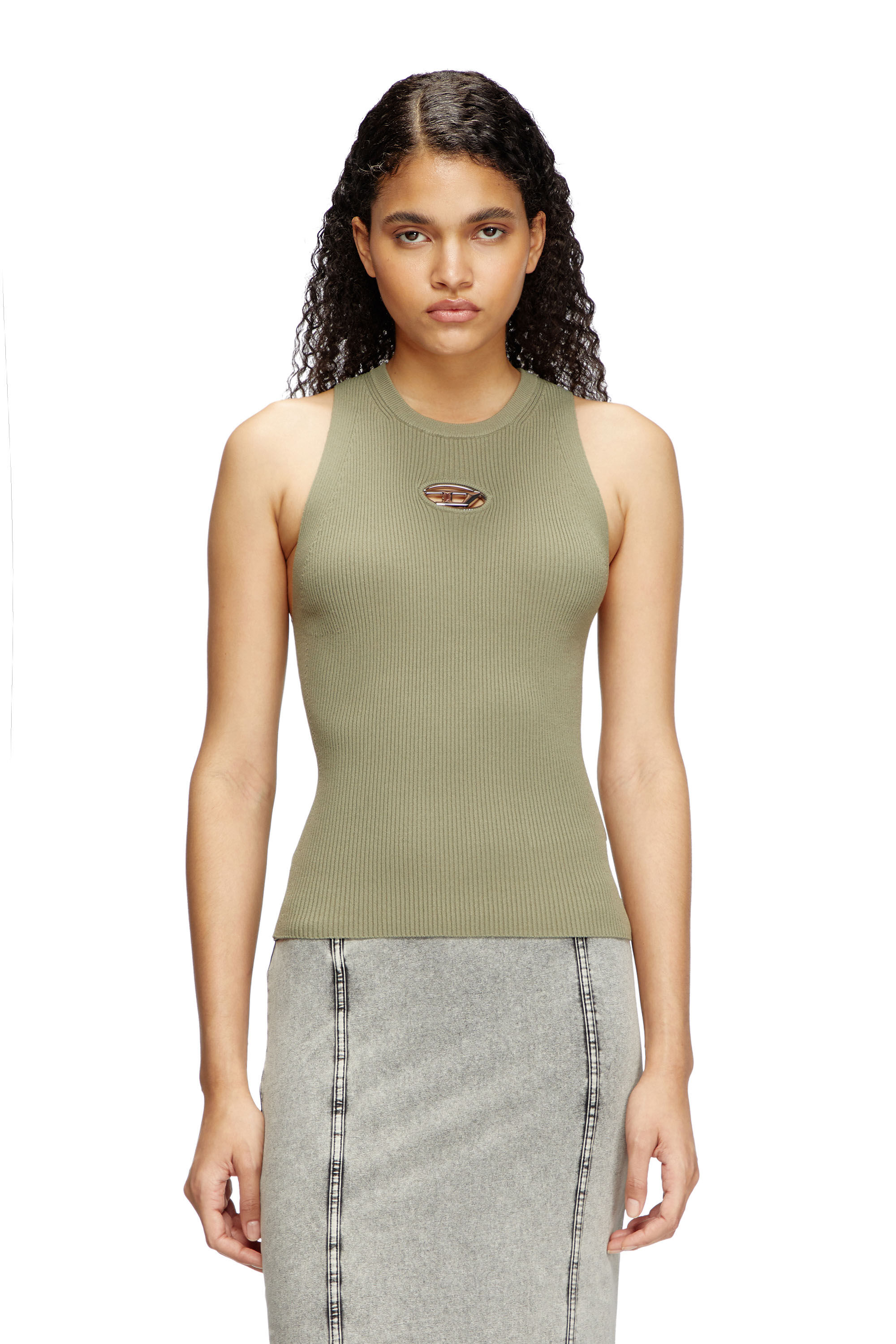 Diesel - M-CADDIX-TOP, Female's Rib-knit top with small logo plaque in グリーン - 3