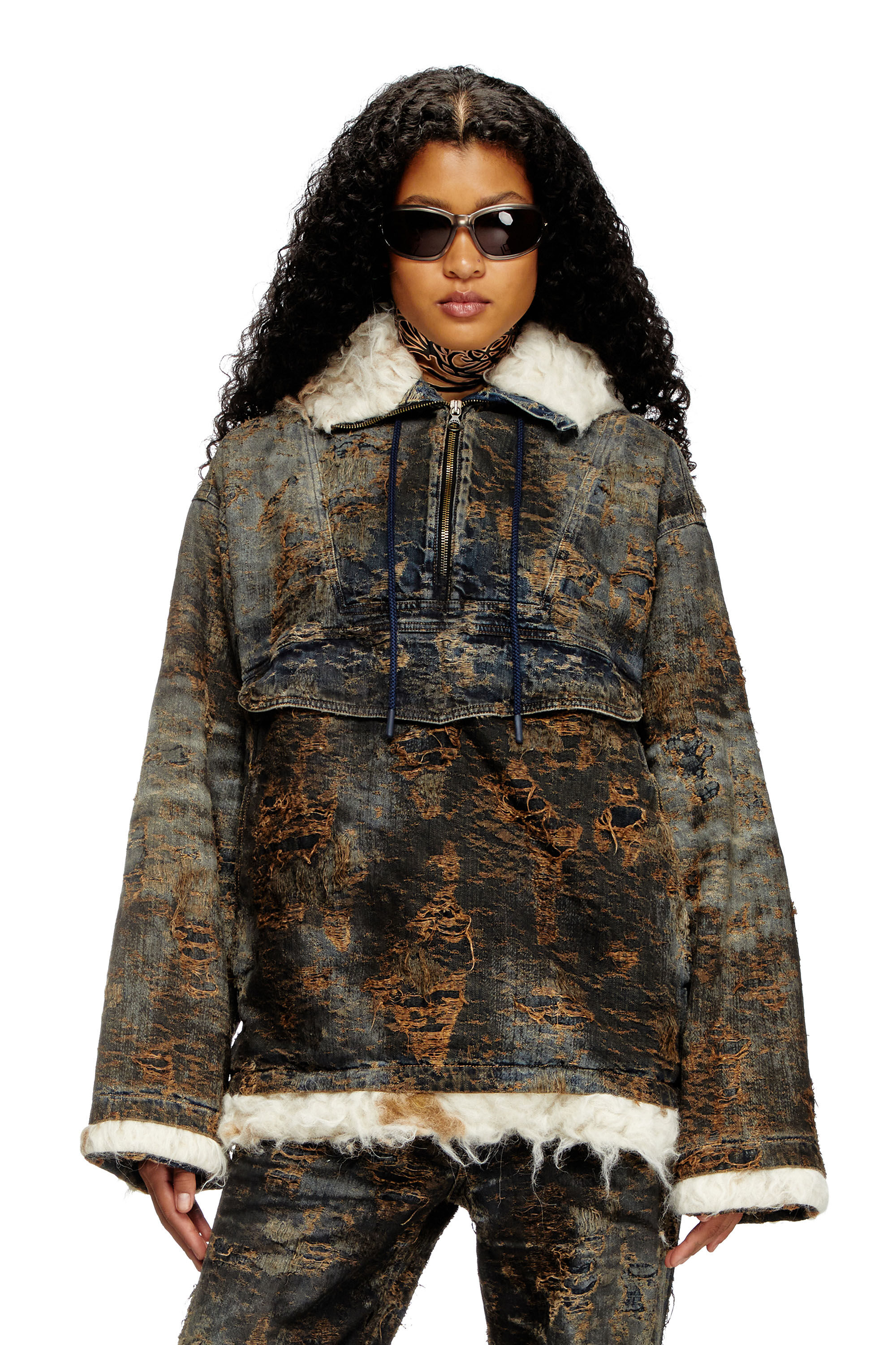 Diesel - D-ARAK-FSF, Unisex's Anorak in coated jacquard denim in ブラック/ブラウン - 6