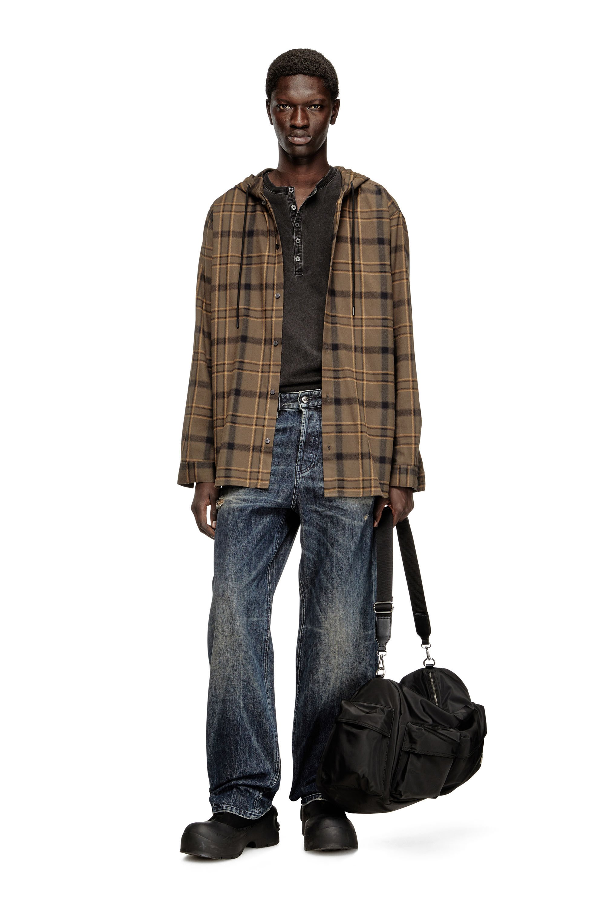 Diesel - S-IX, Male's Hooded shirt in check flannel with logo in ブラウン - 1