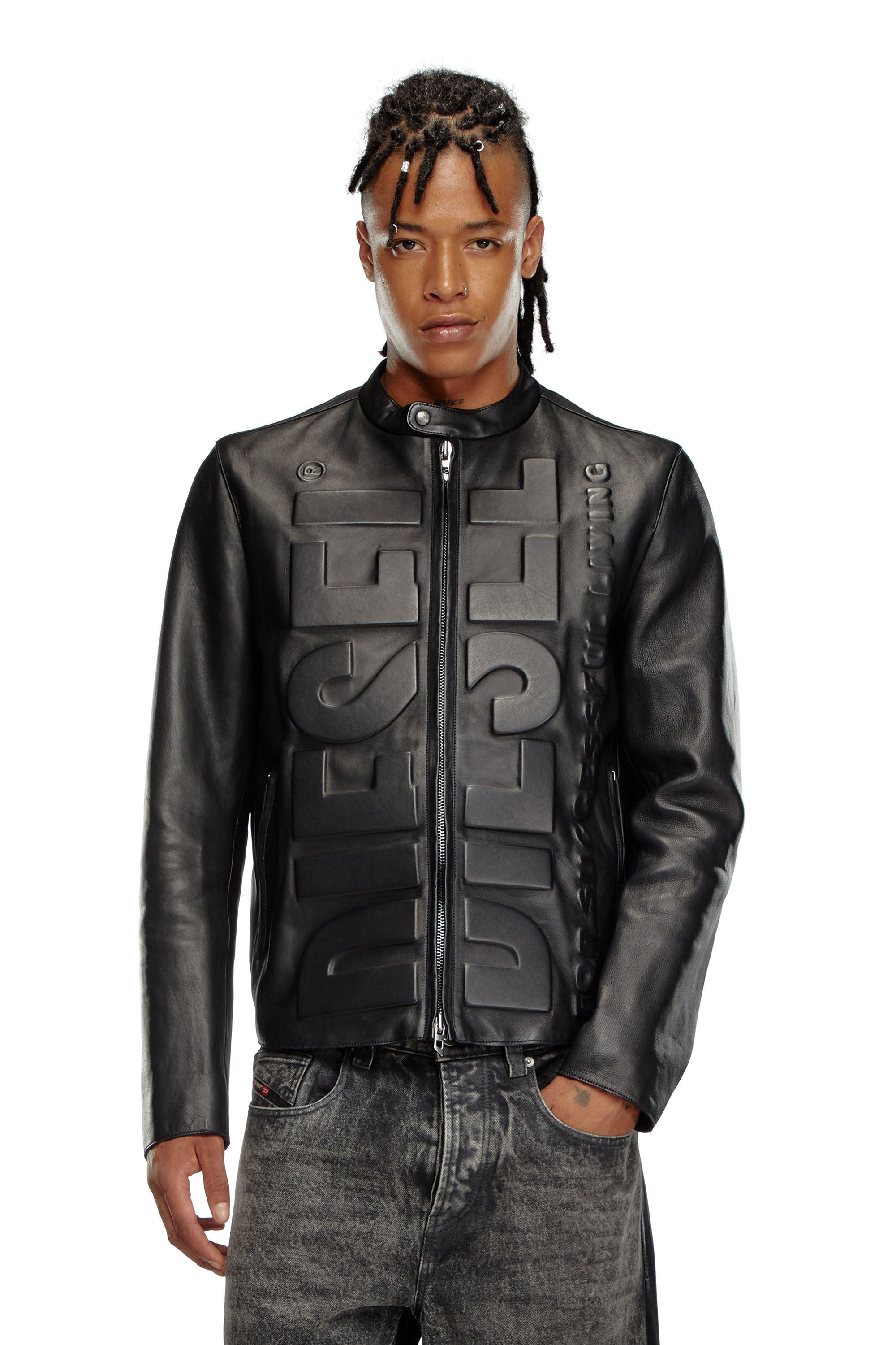 L-MET-VERT Biker jacket with 3D effect logo｜ブラック｜メンズ｜DIESEL