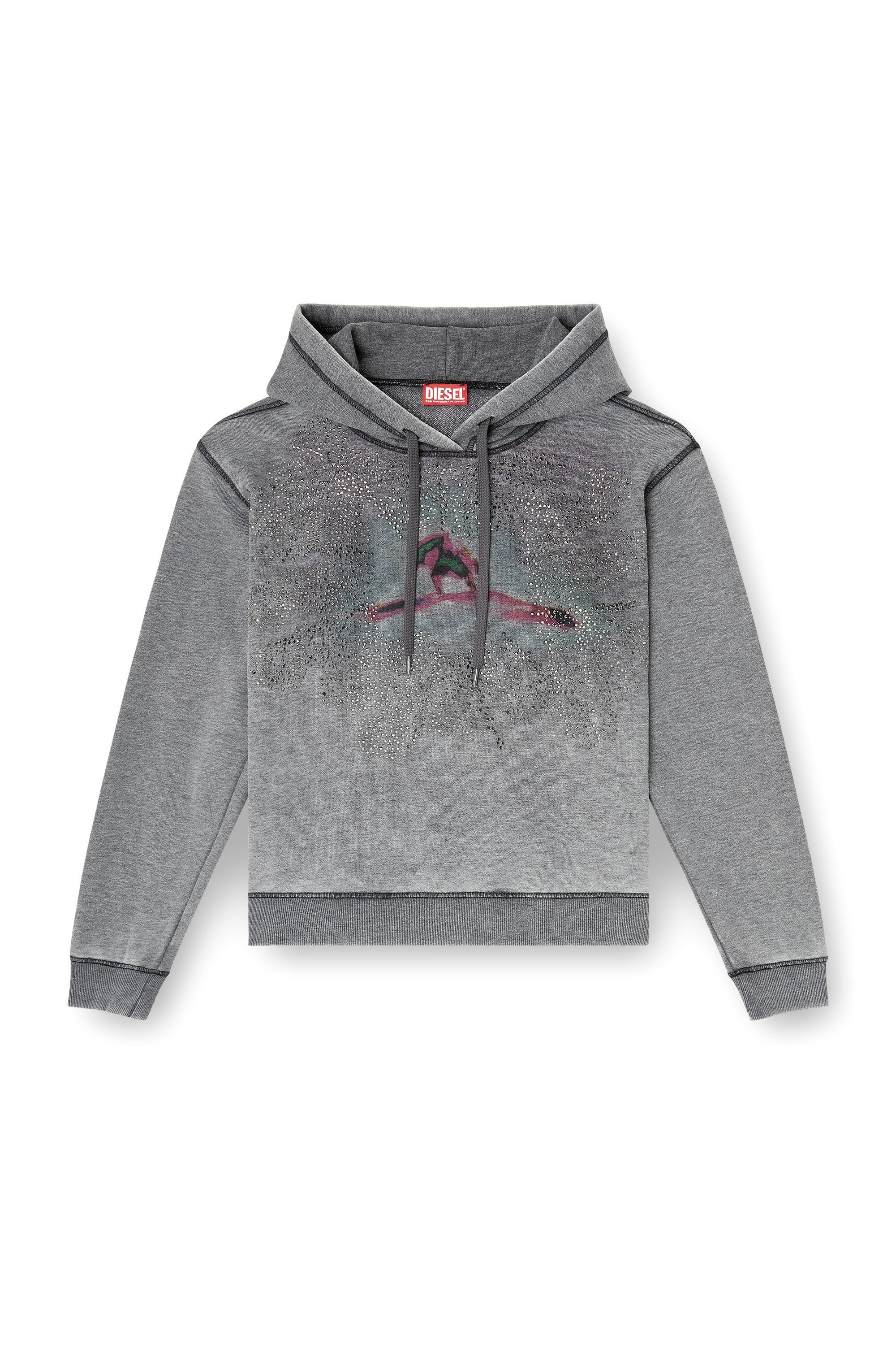 Diesel - F-NORMY-HOOD-S1, Female's Regulär geschnittenes Sweatshirt aus weichem Baumwoll-Poly-Fleece, veredelt mit Burnout-Waschung und kontrastierenden Covernähten. Die Kapuze ist mit einem flachen Baumwollkordelzug mit ovalen D-förmigen Kunststoffspitzen versehen, während ein digital gedrucktes Grafikmotiv mit aufgebrachten Strasssteinen auf der Brust einen markanten Effekt verleiht. in グレー - 2