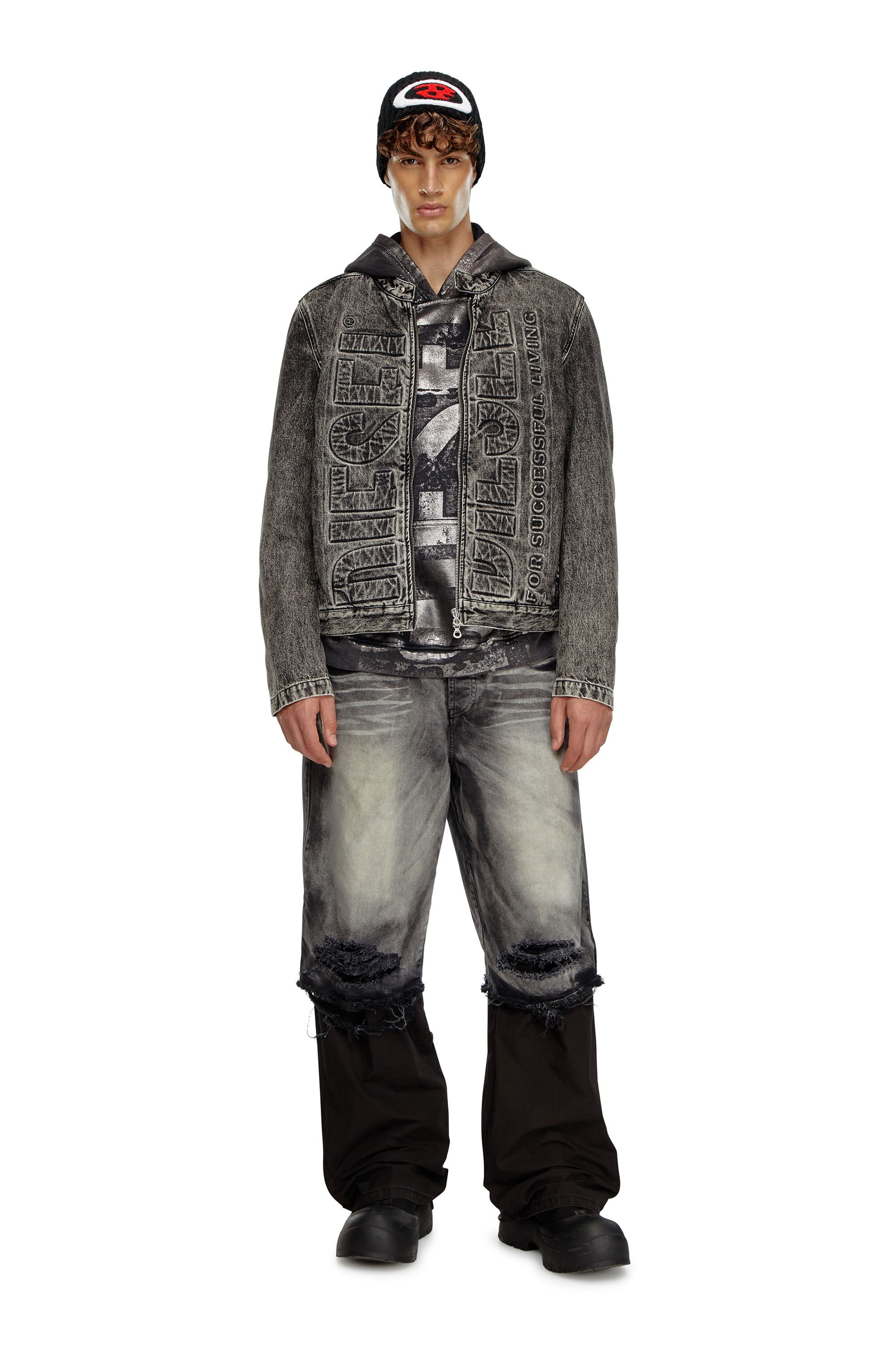 Diesel - D-GLORY-S1, Male's Denim moto jacket with embossed logo in ブラック - 1