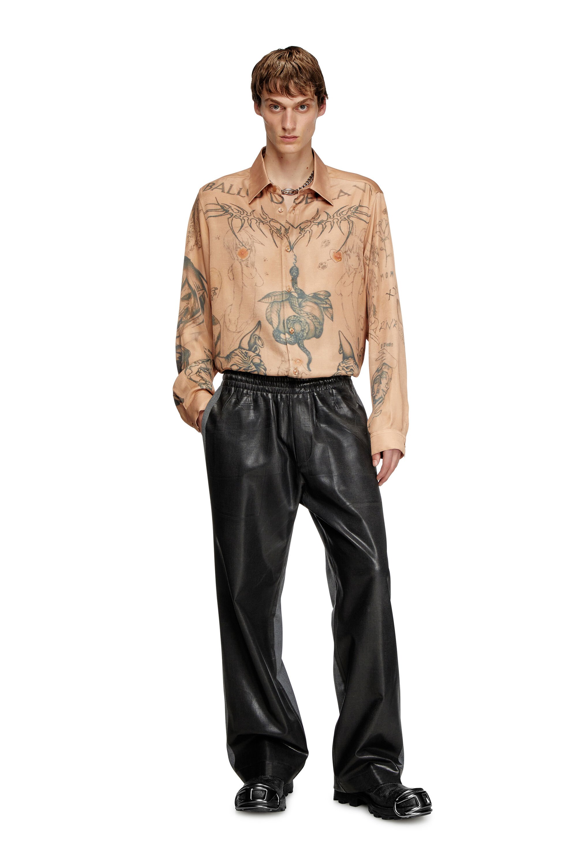 Diesel - S-SIMPLY-TTO-DD, Unisex's Fluid satin shirt with tattoo print in ベージュ - 1