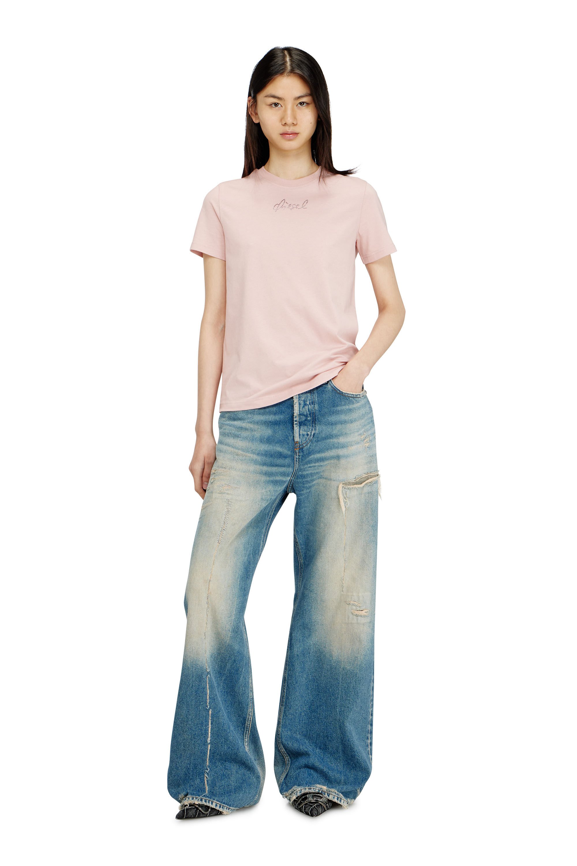 Diesel - T-REG-S2, Female's Jersey top with round neck and small Diesel logo embroidery in ピンク / ホワイト - 1