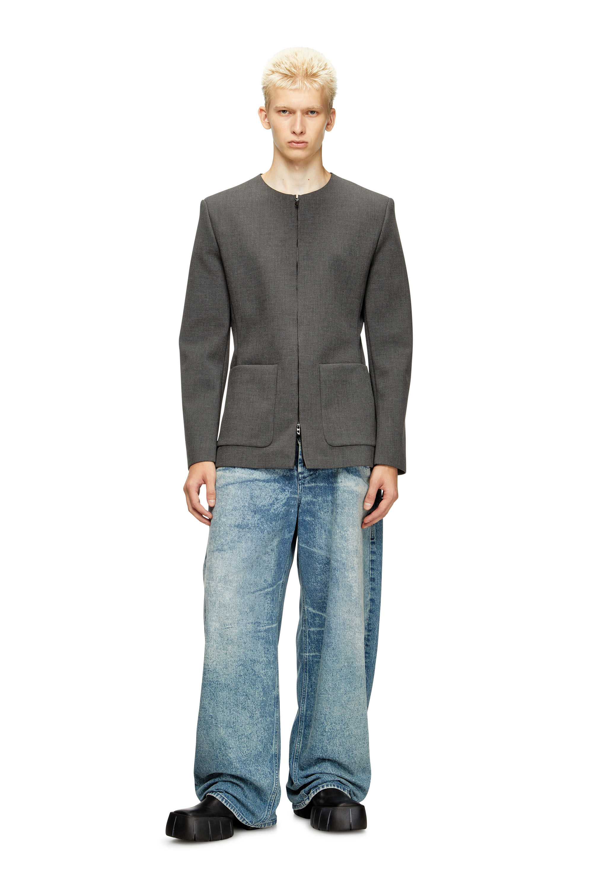 J-CESAR-NEO Collarless jacket in neoprene-bonded fabric｜グレー