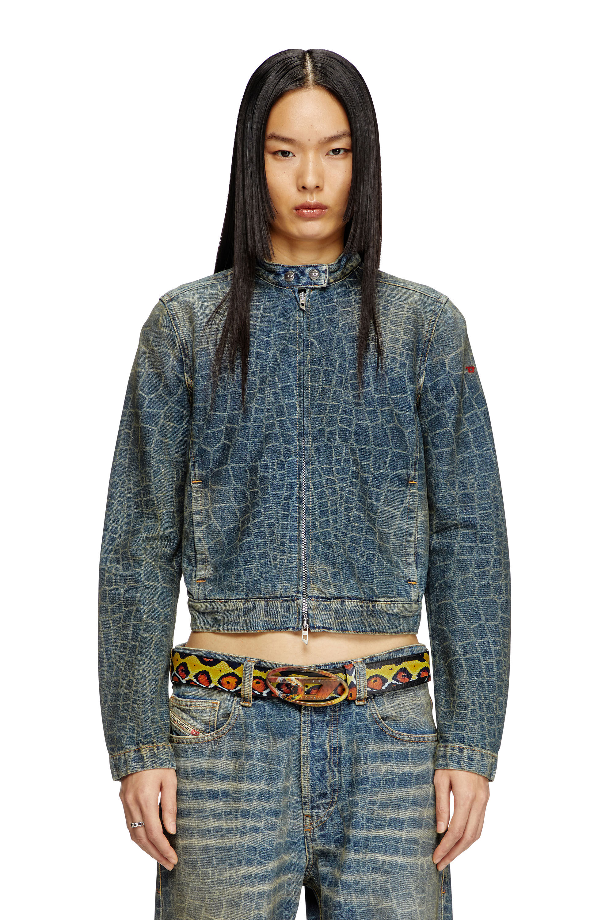 Diesel - CL-DE-MORNIN-SNAKE, Female's Moto jacket in snake-print denim in ダークブルー - 3