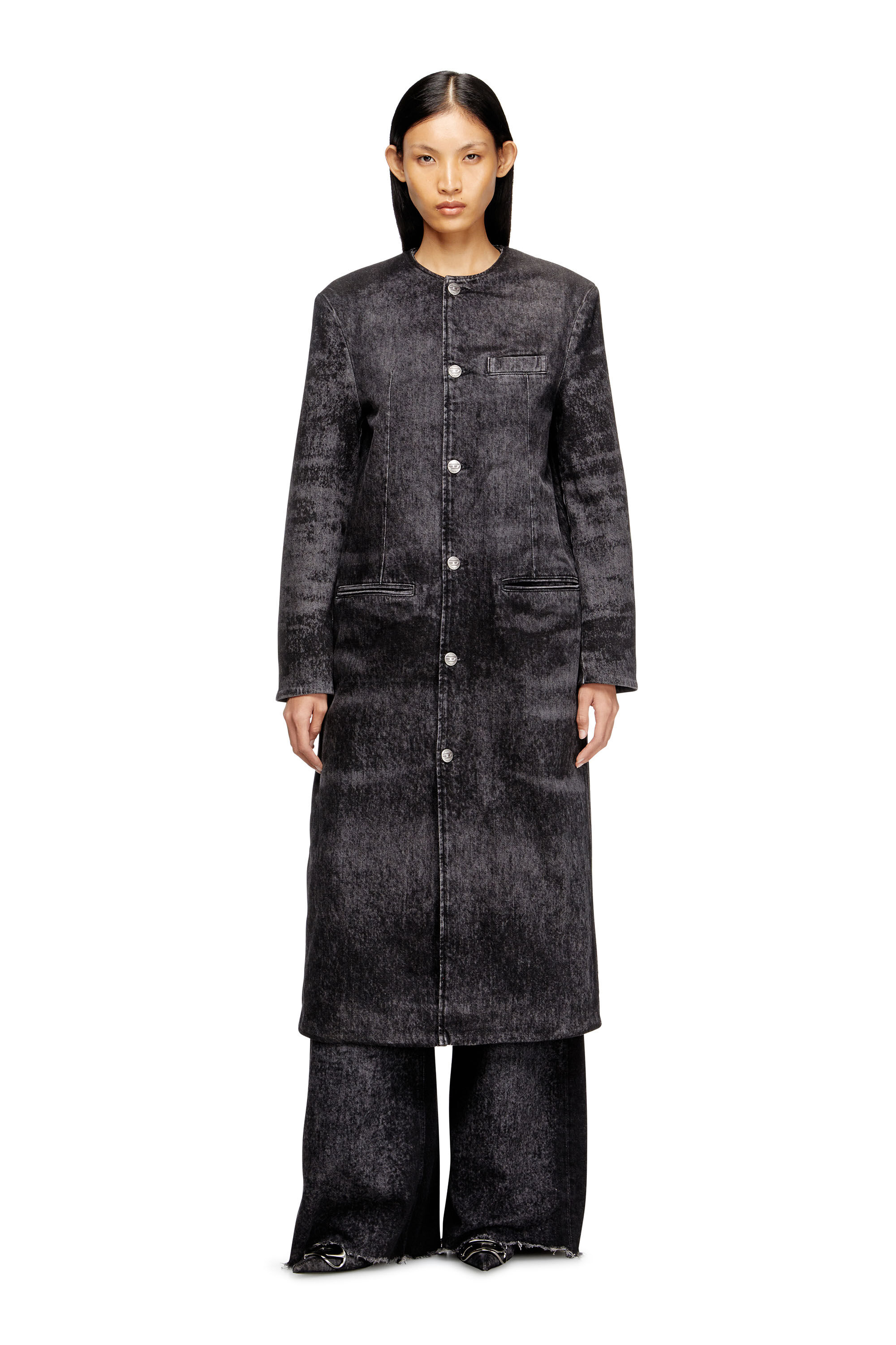 DE-ANCELOT-FSH1 Coat in lasered cotton-hemp denim｜ブラック