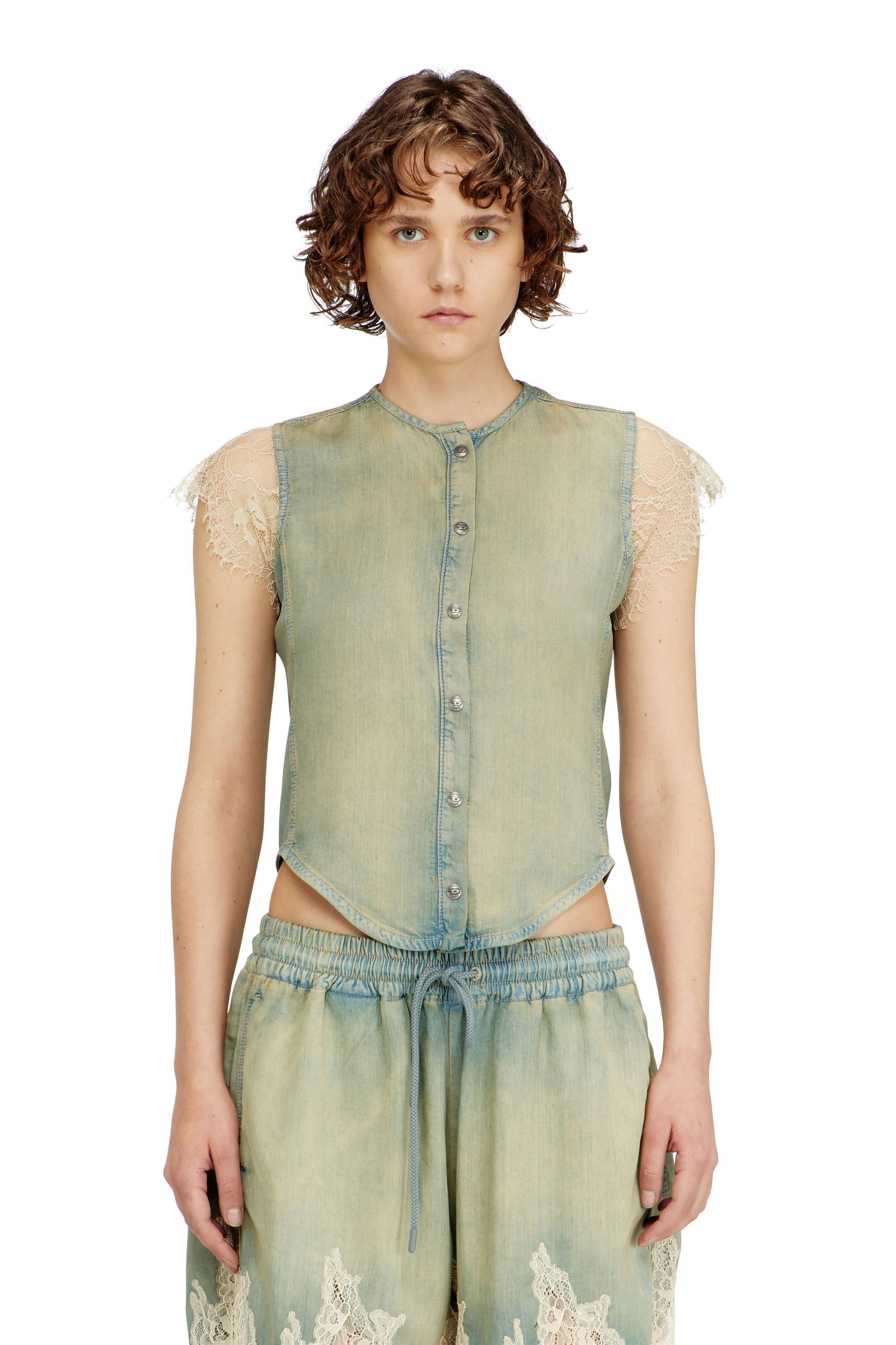 Diesel - DE-MALKA-S, Female's Short-sleeve shirt in denim and lace in null - 3