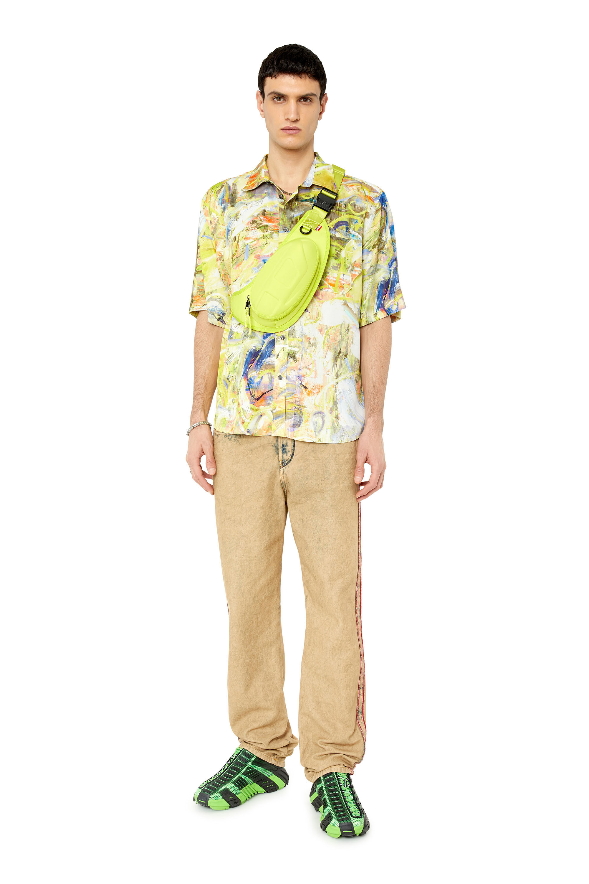 Diesel - S-UMBE-SSL-PRINT, Male's シャツ 半袖 オールオーバープリント in グリーン/イエロー - 1