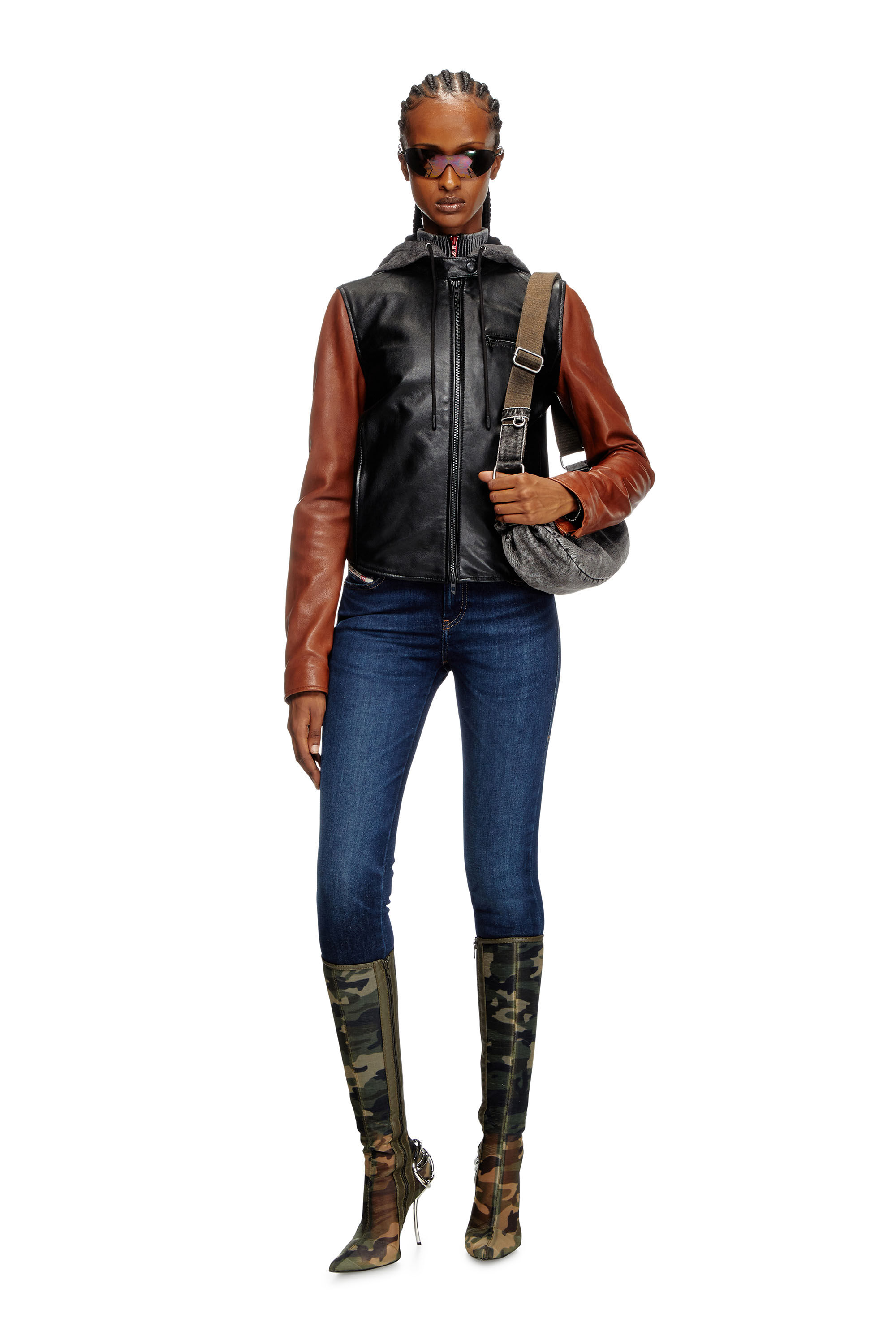 Diesel - L-OUDER, Female's Colour-block leather jacket in ブラック/ブラウン - 1