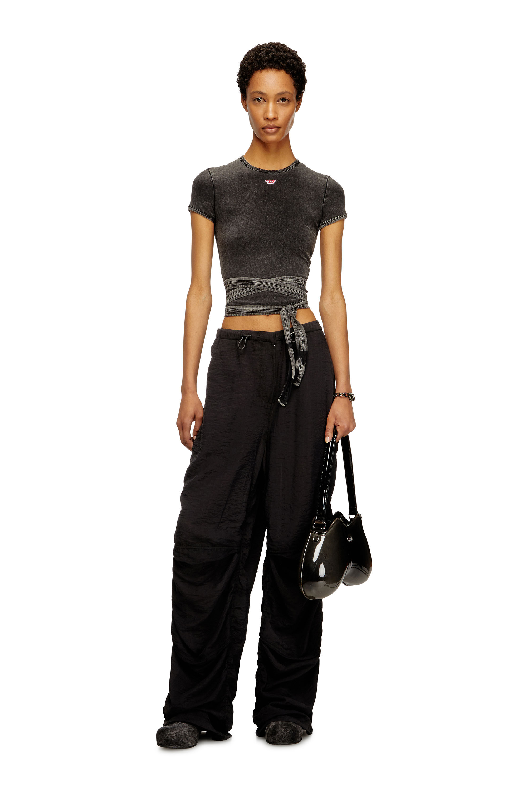 Diesel - T-BUNNY-TAIL-R1, Female's Denim-look T-shirt with wrap ties in ブラック - 1
