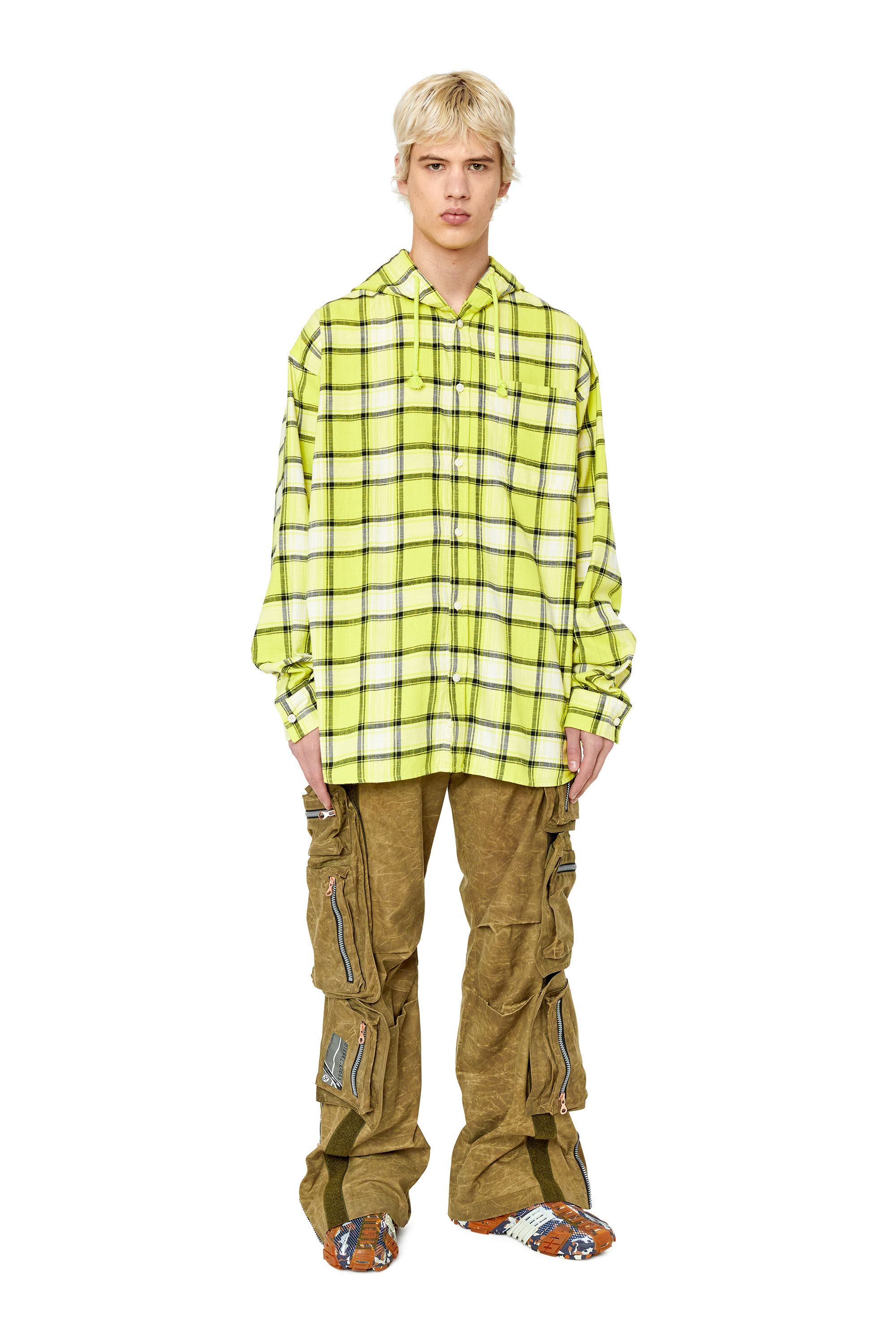 Diesel - S-DEWNY-HOOD, Male's シャツ チェック パーカー in ホワイト/グリーン - 1