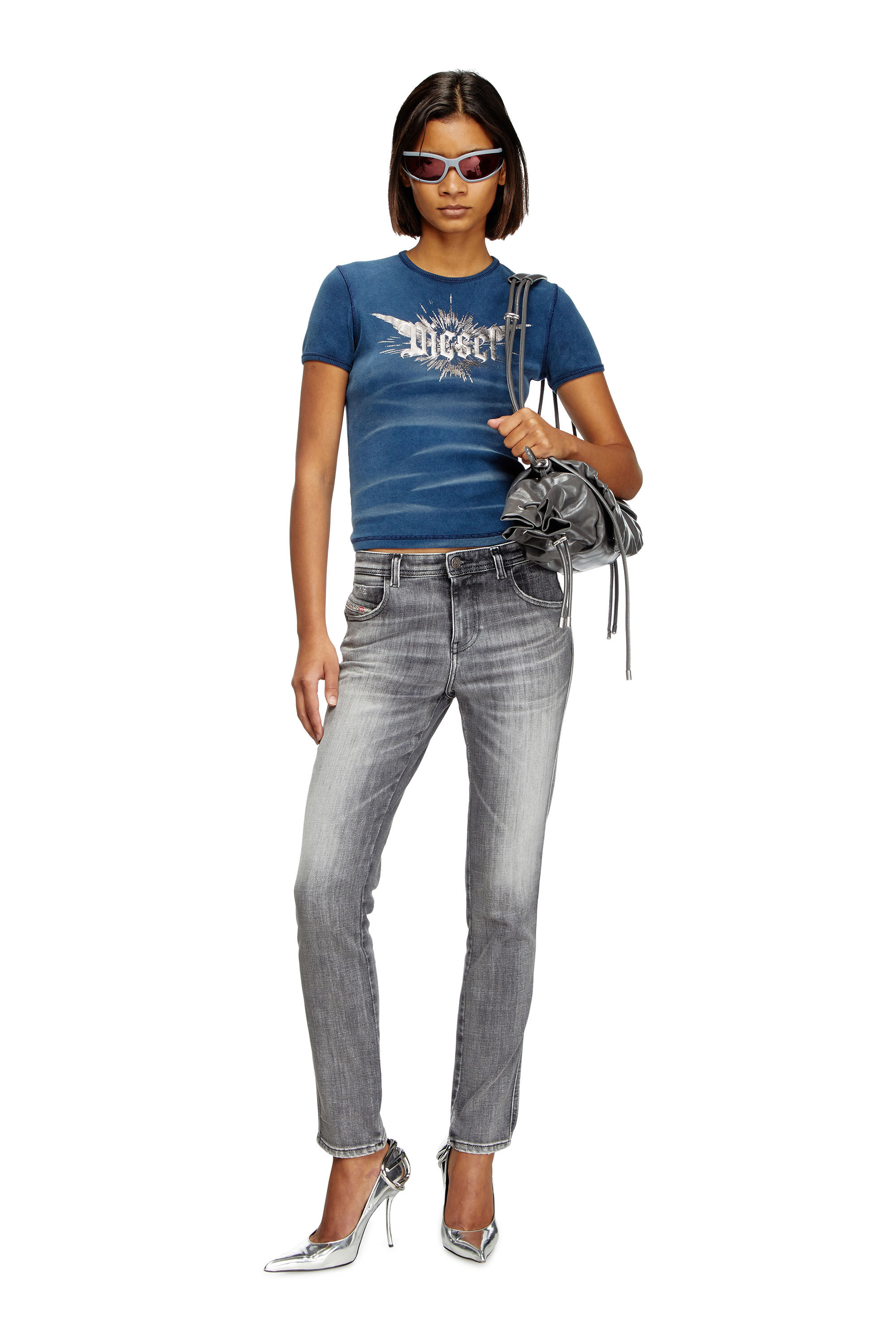 Diesel - T-ELE-LONG-P2, Female's T-shirt with winged Diesel foil print in ブルー - 1
