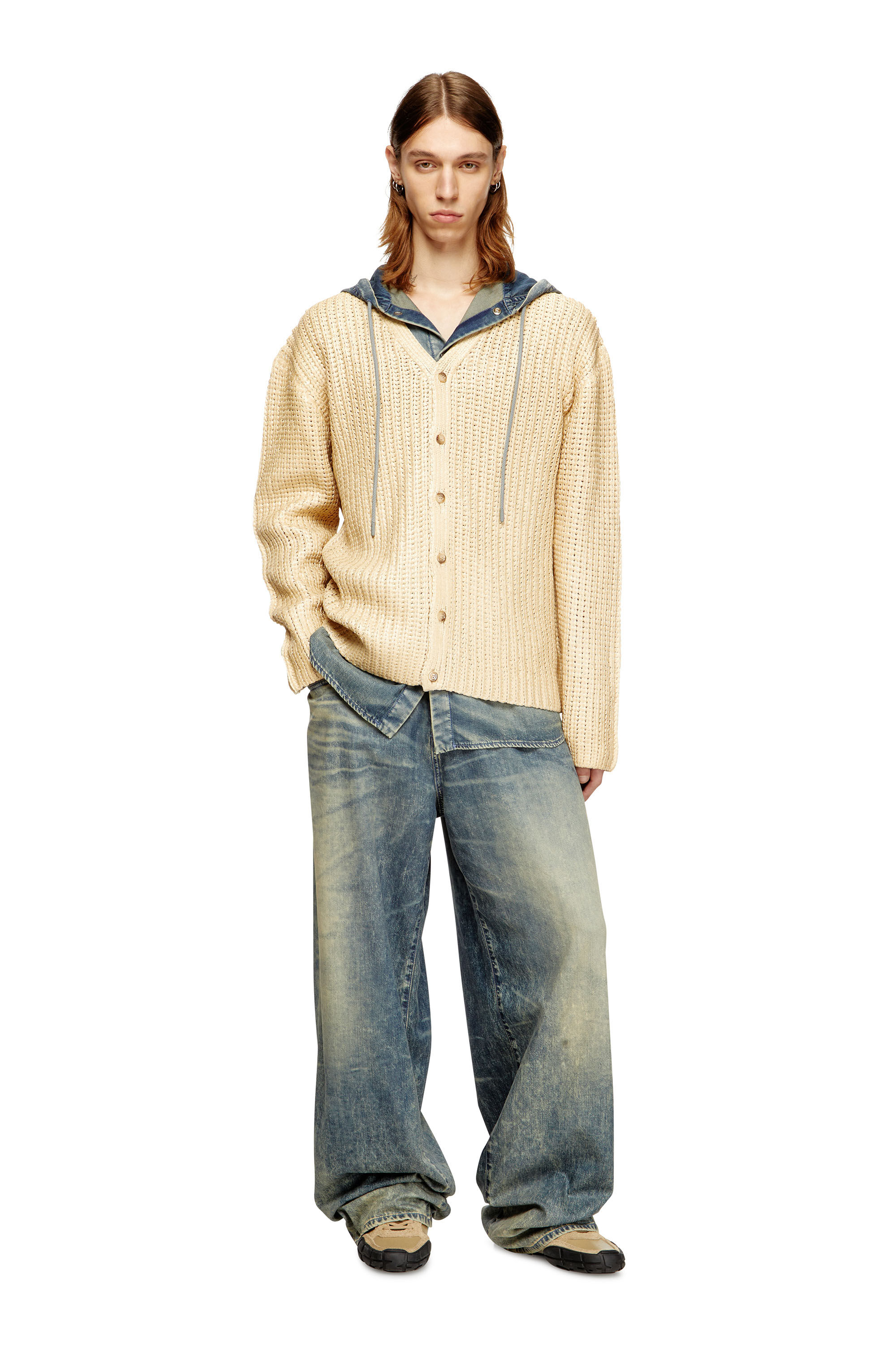 Diesel - K-MICHOR, Male's Ribbed cardigan with shiny effect in ライトブラウン - 1