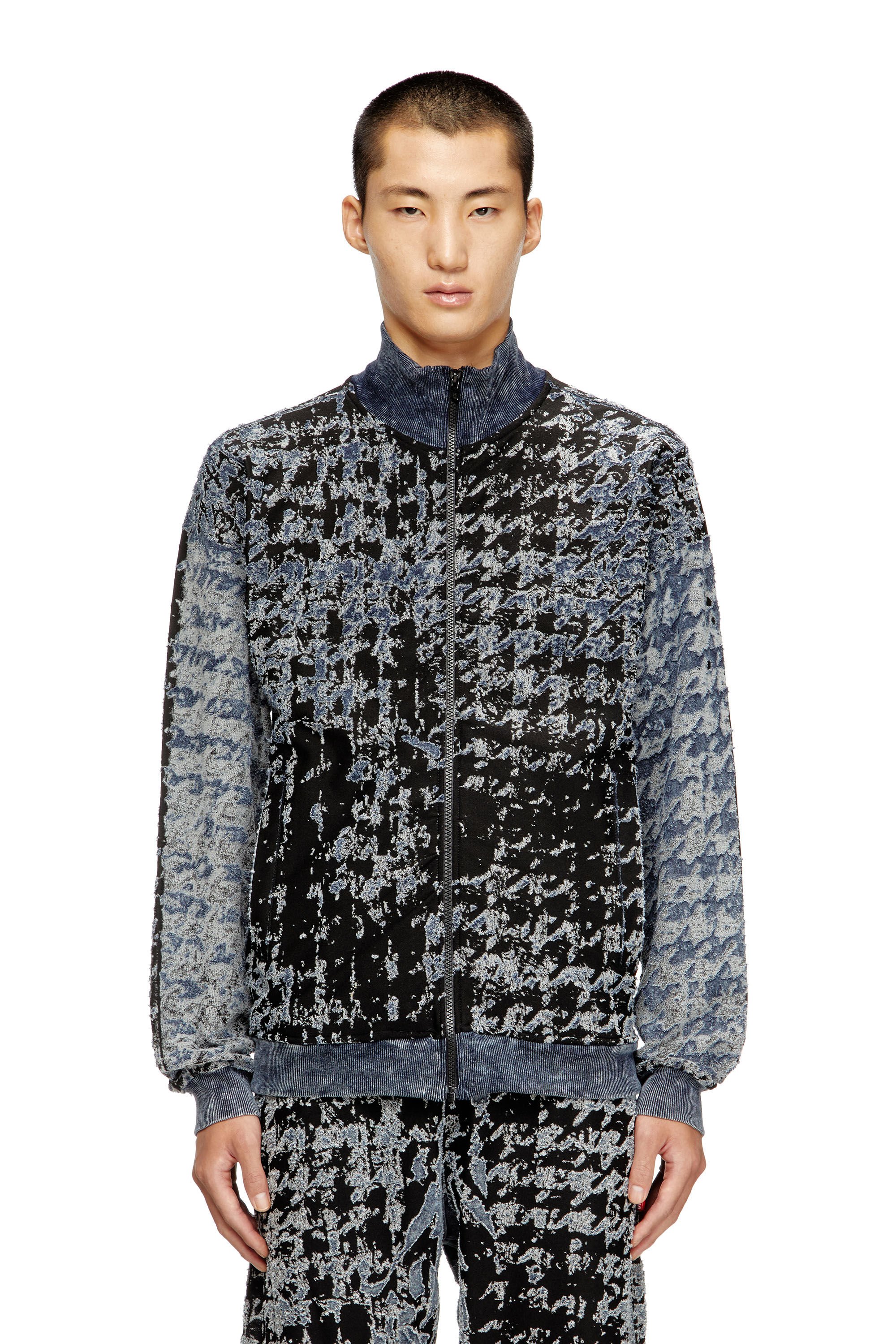 Diesel - S-CORR, Male's Devoré houndstooth zip-up top in ブラック/ブルー - 3