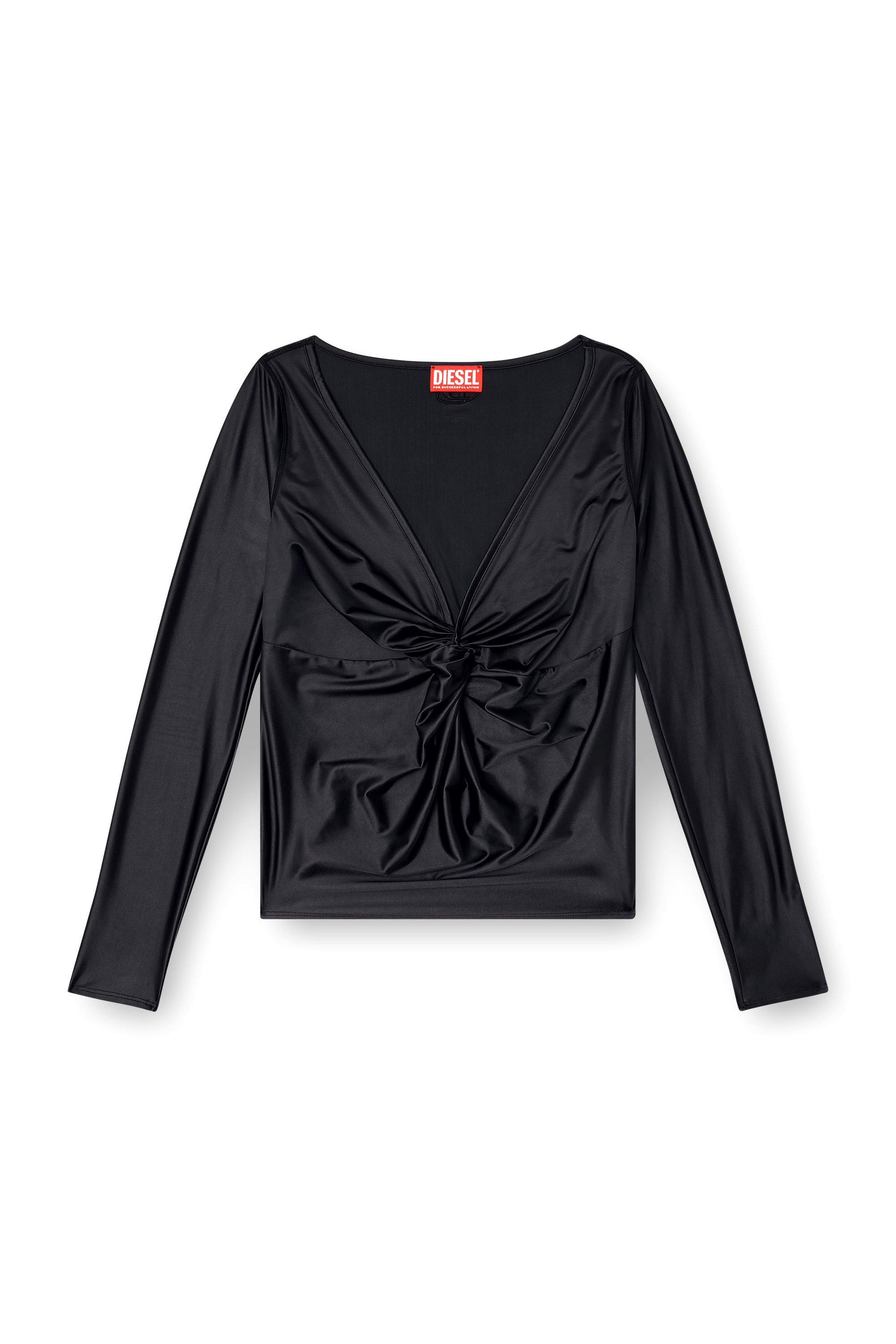 Diesel - T-KNOT, Female's Long sleeved gathered V-neck top with chintz finish in ブラック - 2