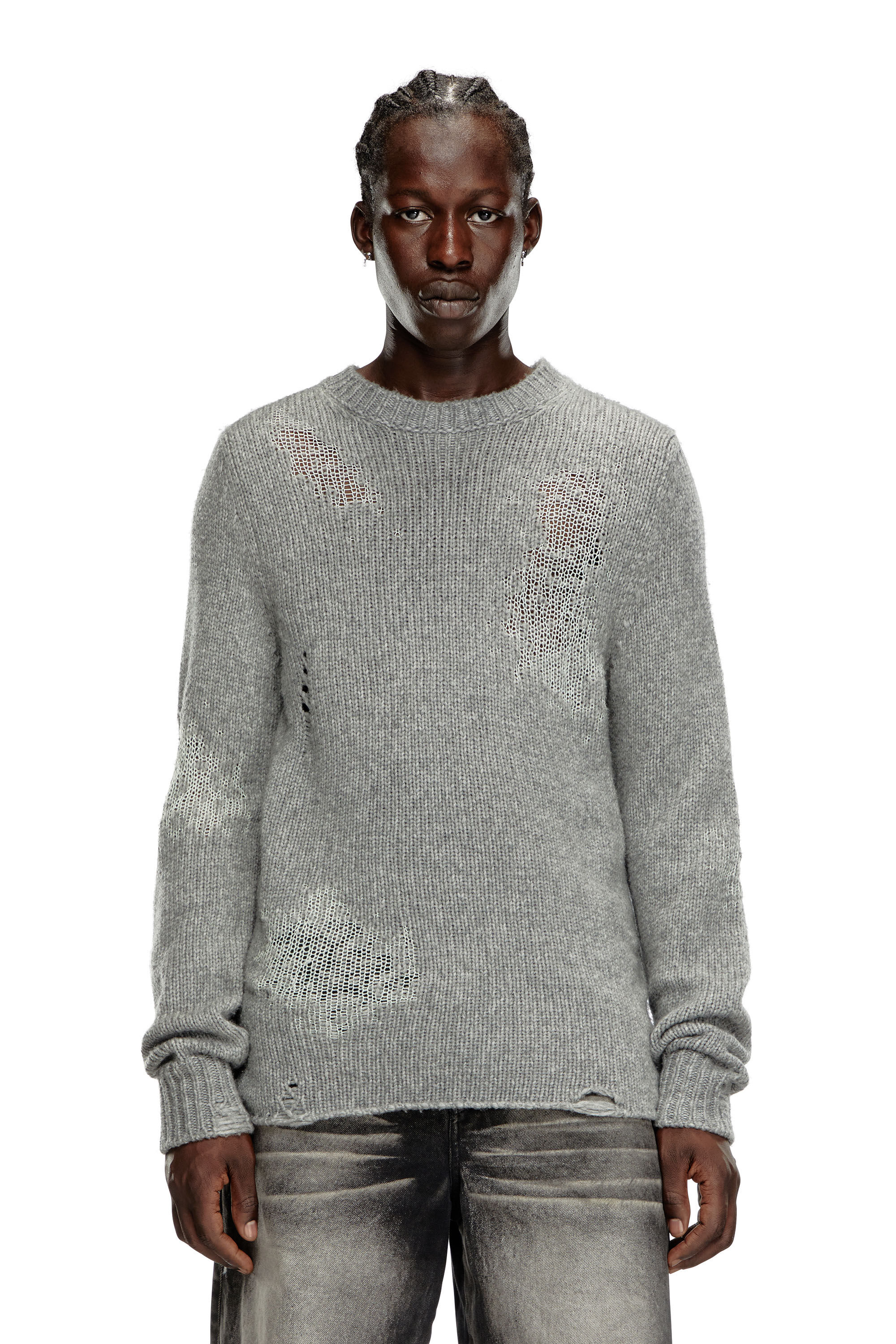 Diesel - K-NORMAN, Male's Distressed jumper in wool blend in グレー - 3