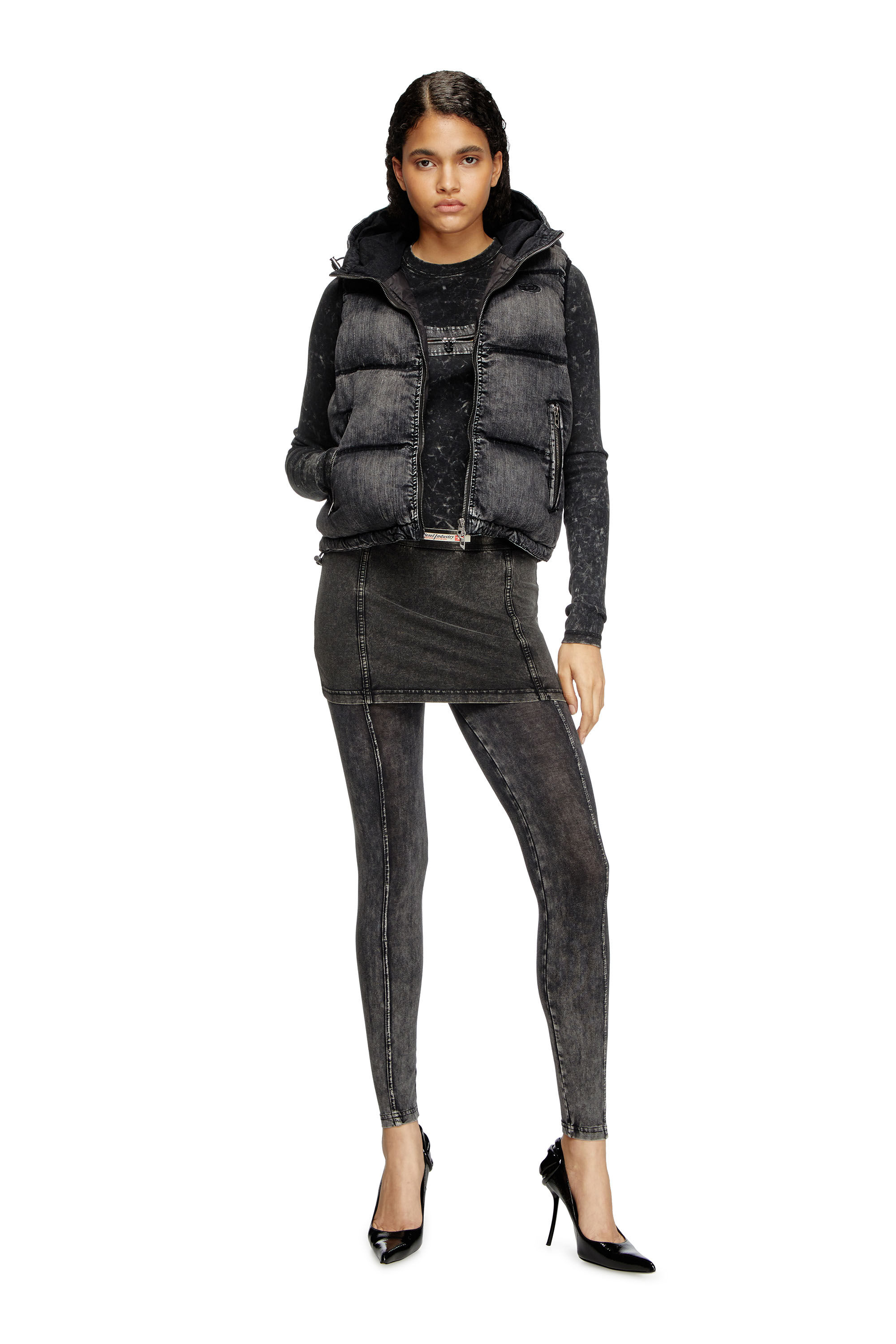 Diesel - W-HOPPER, Female's Hooded puffer vest in faded denim in ブラック - 1