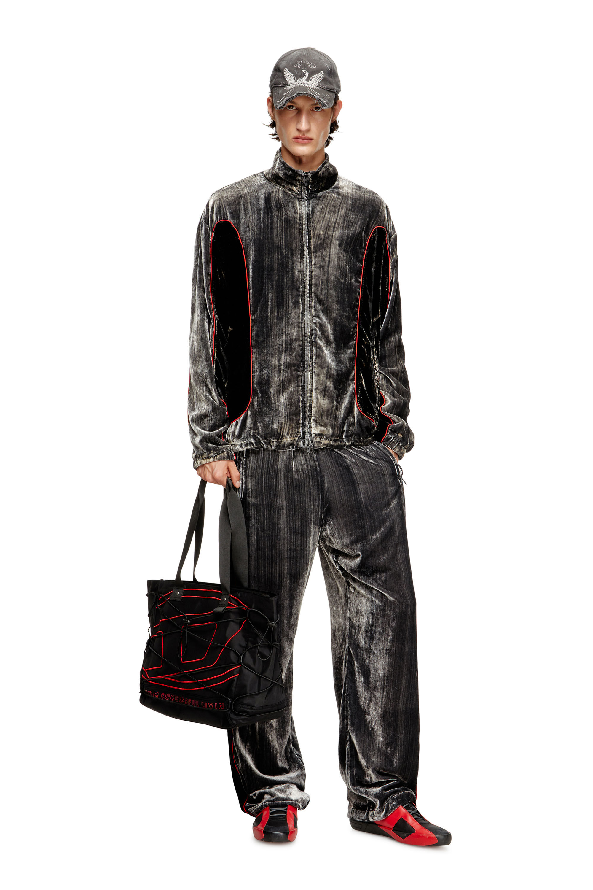 Diesel - J-HAY, Male's Track jacket in treated velvet in ブラック/レッド - 1