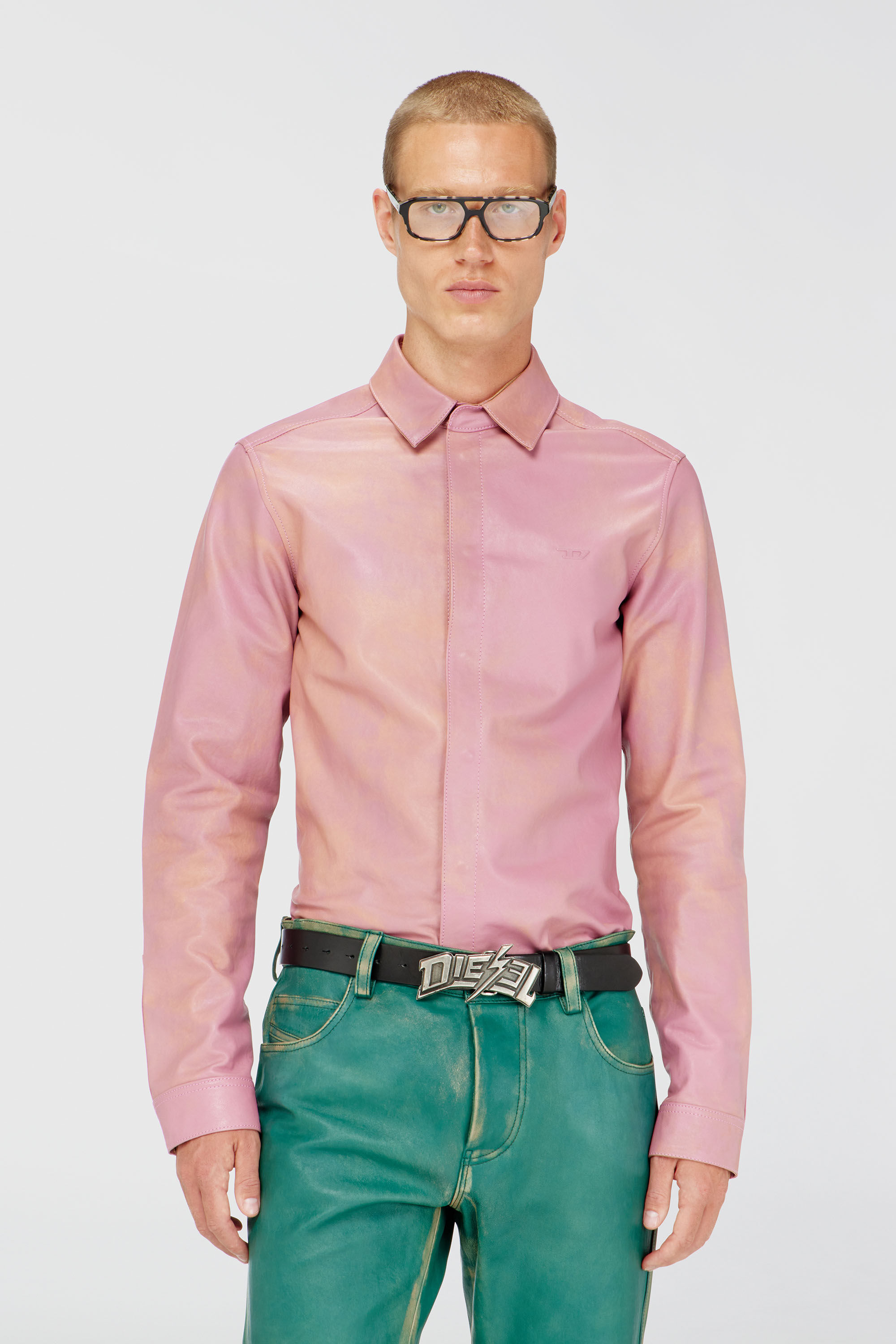 Diesel - S-CIRT, Male's Shirt in treated leather in ピンク / ホワイト - 3