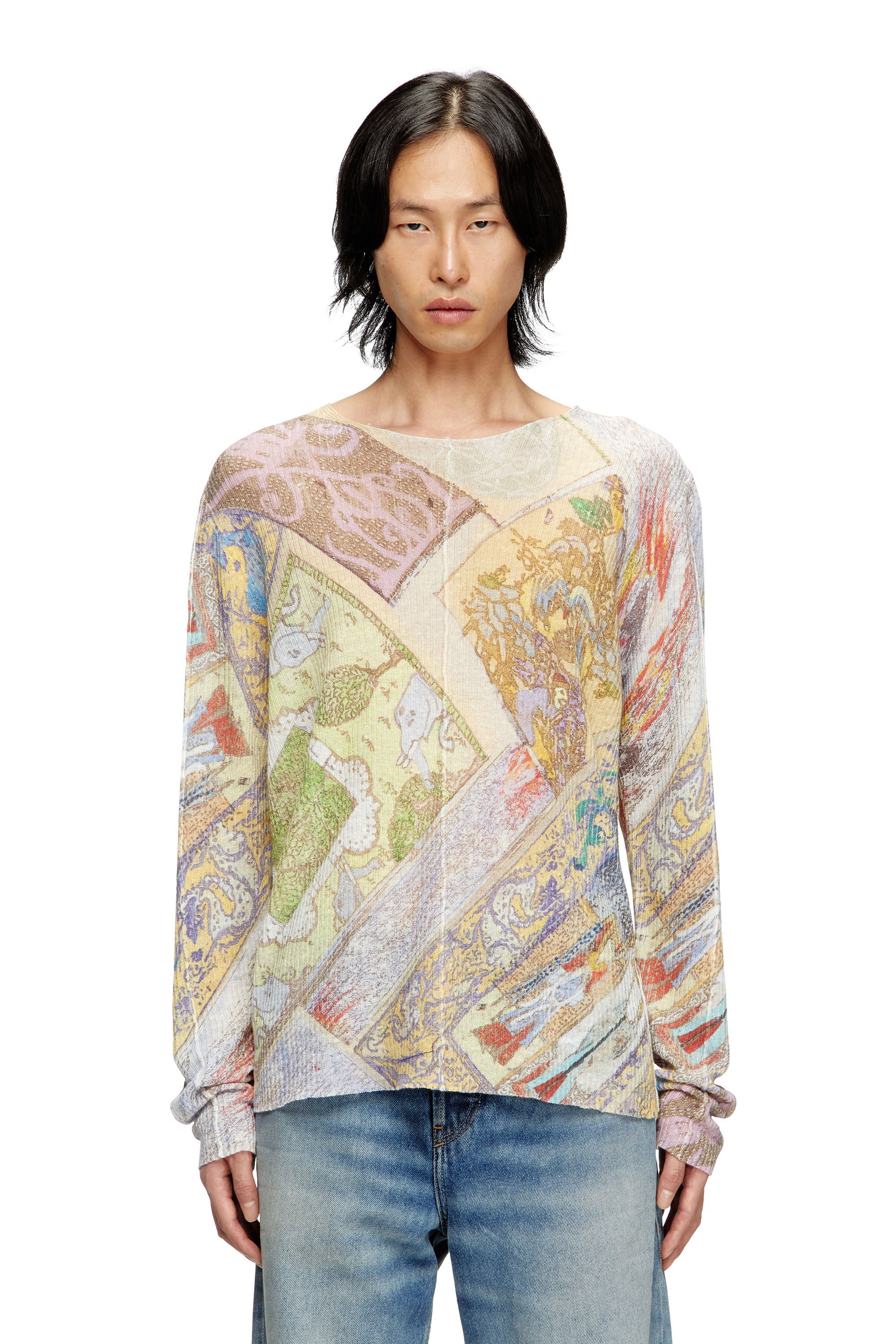 Diesel - K-RENTON, Male's Linen jumper with medieval print in ベージュ/イエロー - 3