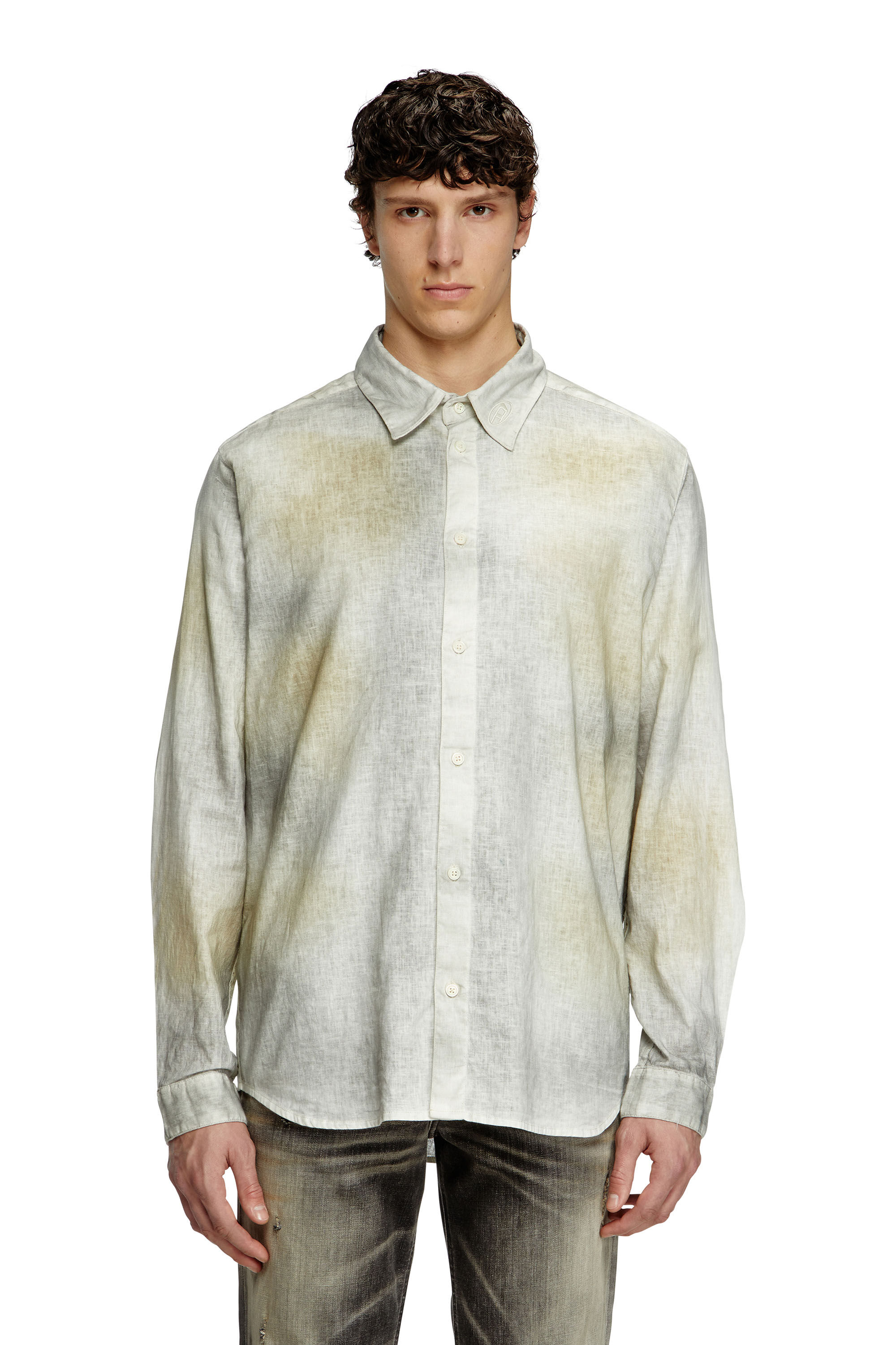Diesel - S-LEIE, Male's Treated linen-blend shirt in グレー/ホワイト - 3