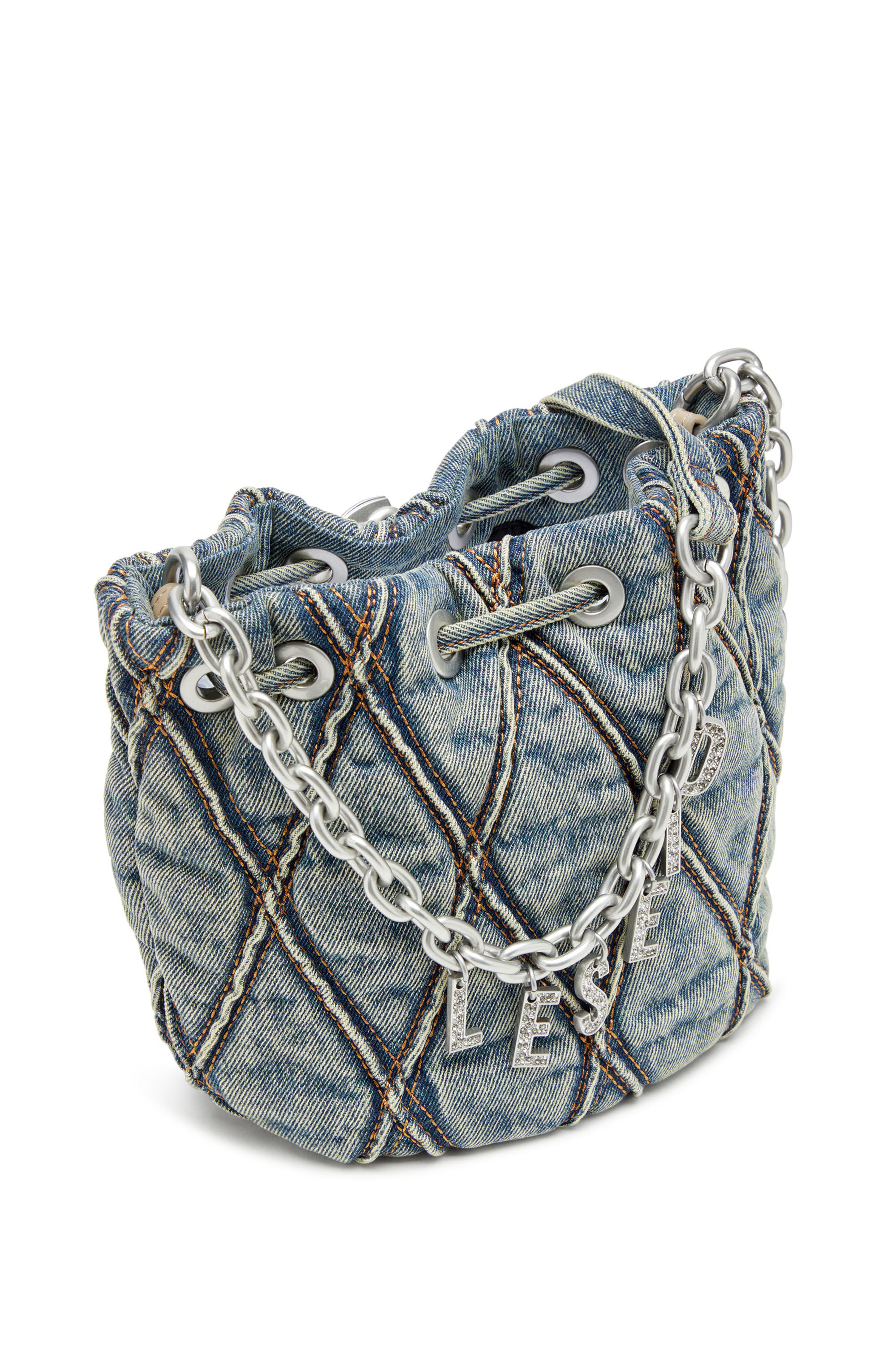 Diesel - CHARM-D BUCKET S, Female's Charm-D S-Mini bucket bag in argyle quilted denim in ブルー - 6