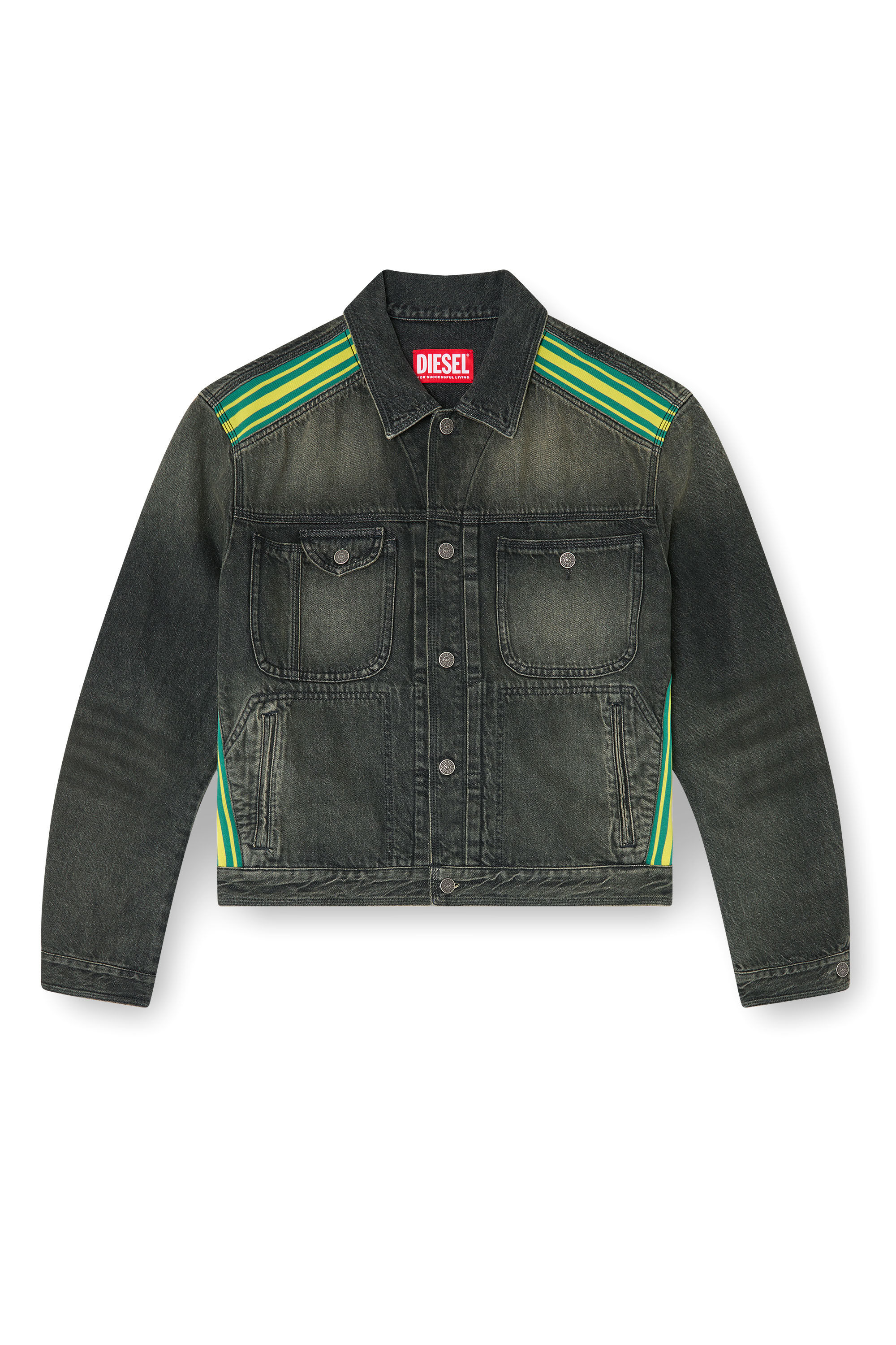 Diesel - D-BAS-FSJ1, Male's Trucker jacket with striped shoulder bands in ブラック/ダークグレー - 2