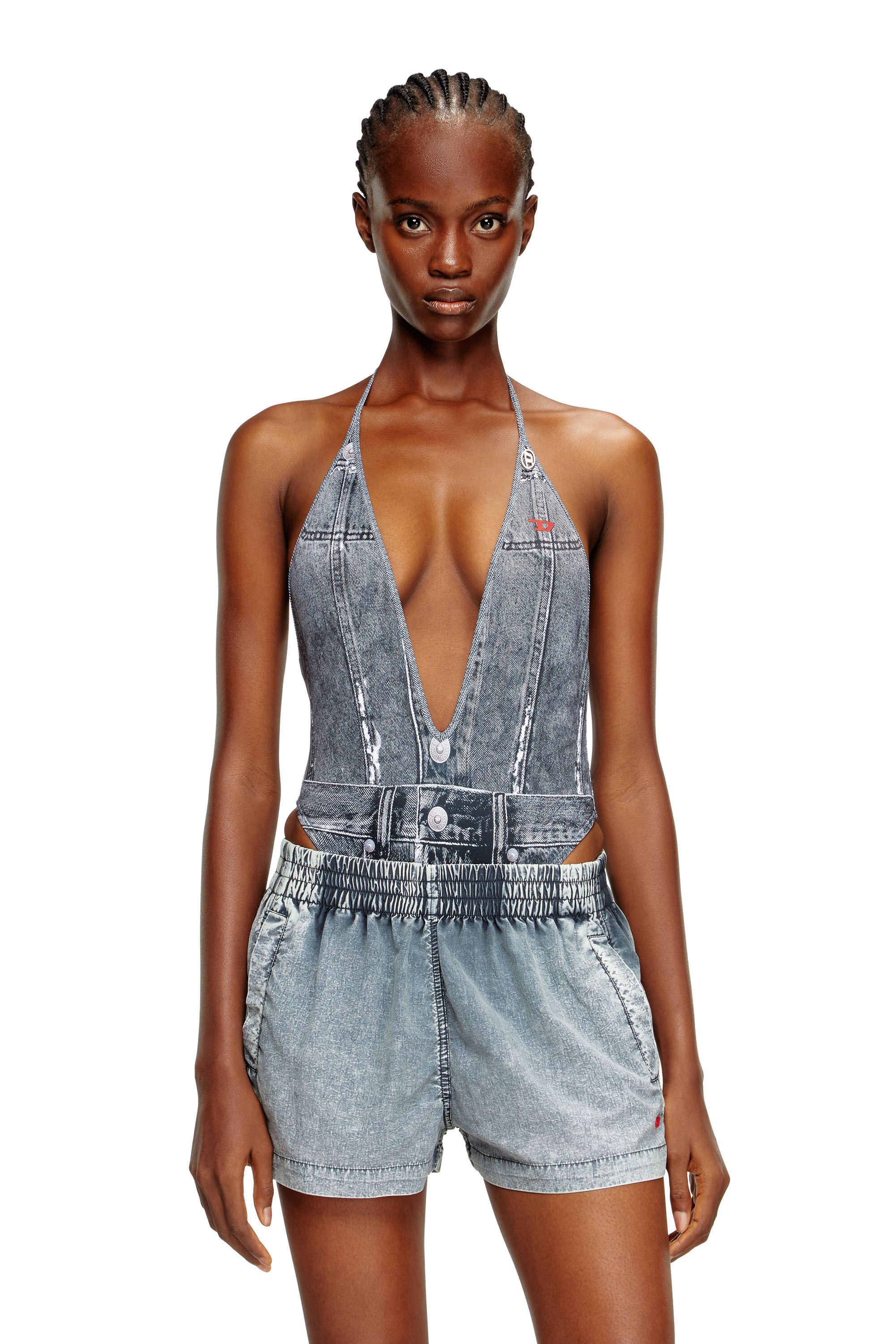 Diesel - KINSLEY-DNM, Female's Plunging swimsuit with denim trompe l'oeil in ブルー - 4