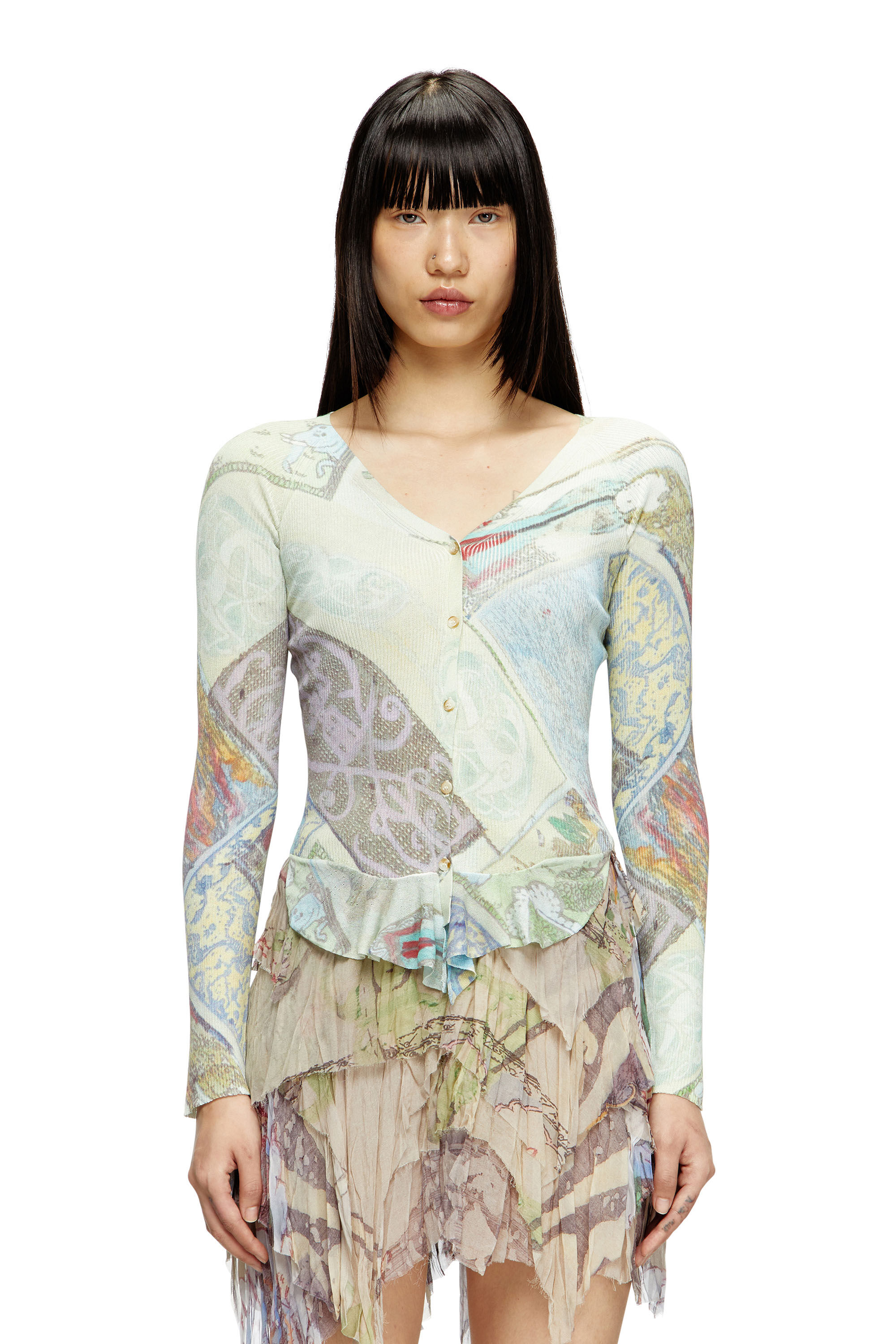 Diesel - M-FIORINA, Female's Cropped cardigan with medieval print in ブルー/グリーン - 3