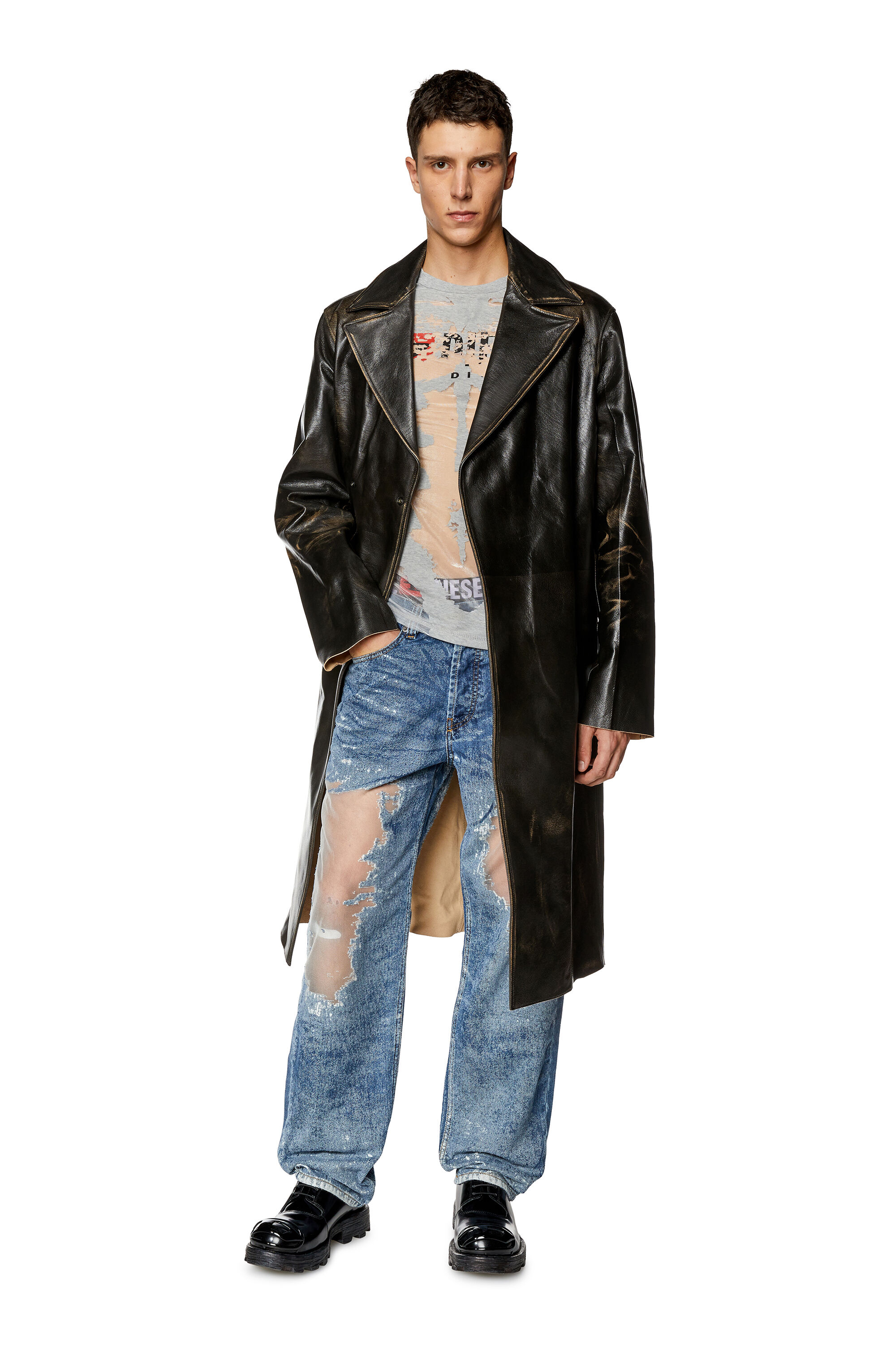 L-KAUFFMAN レザートレンチコートダブルブレスト｜ブラウン｜メンズ 